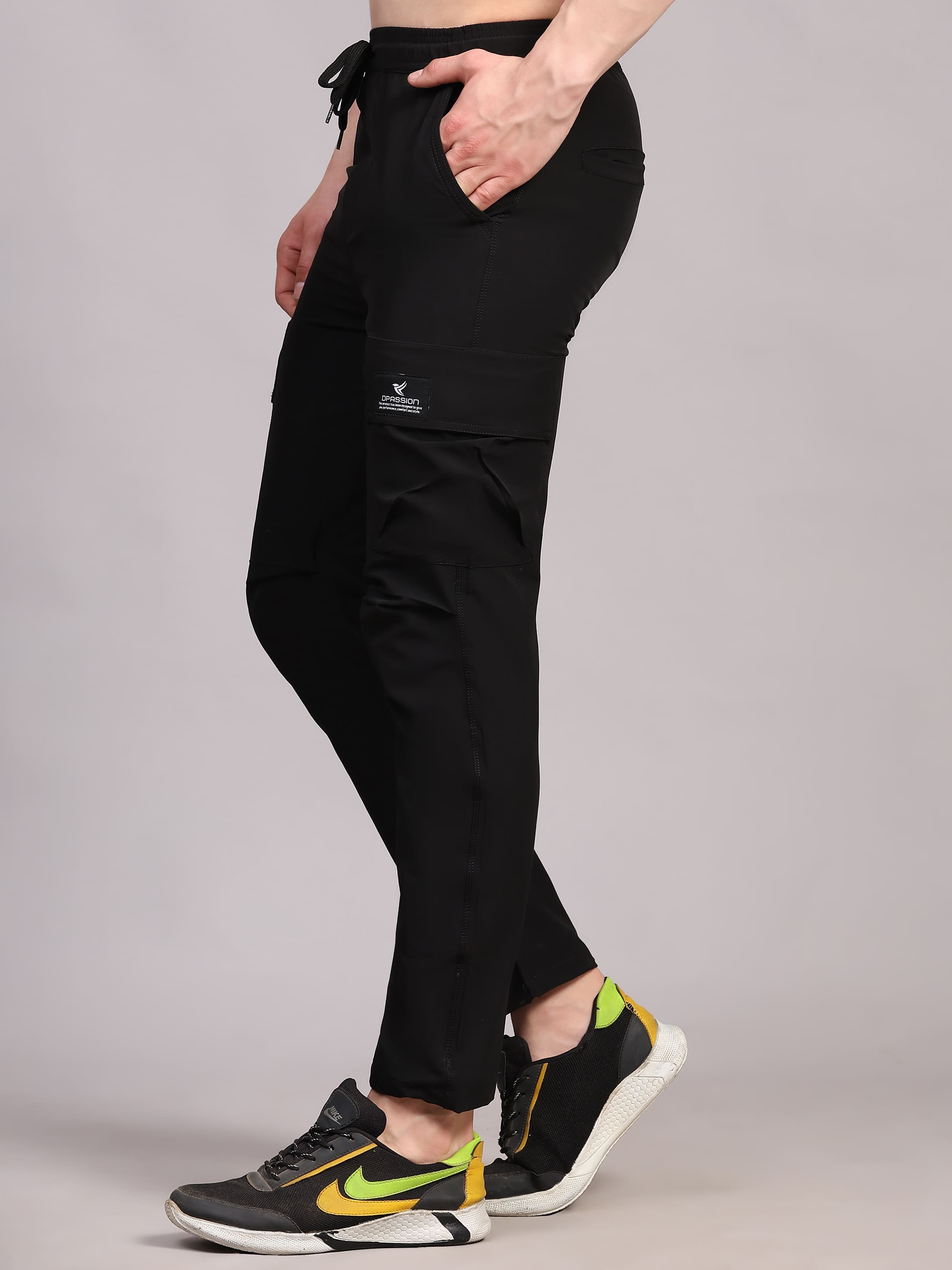 Dpassion Men Black Cargo Track Pants Slim Fit Gym Training Activewear - Dpassion