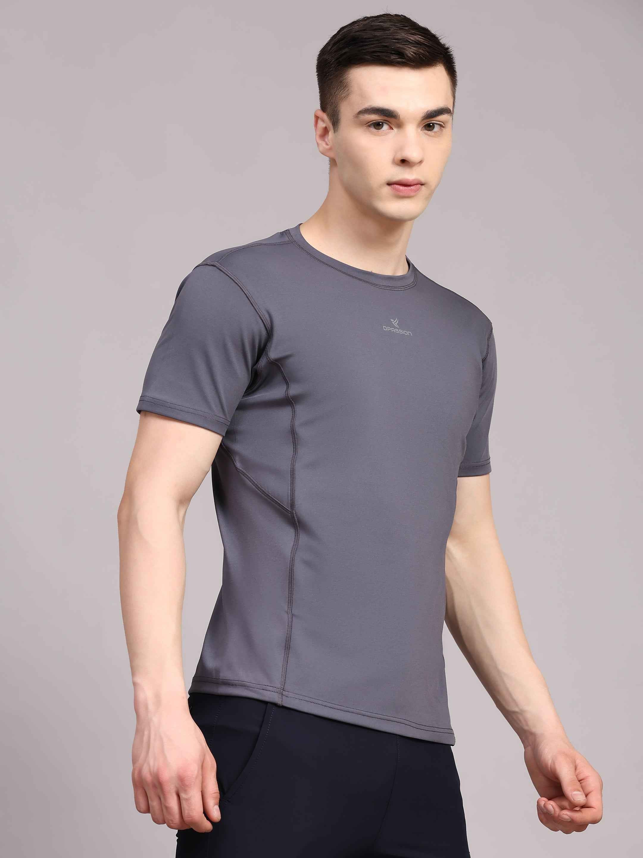Dpassion Men Solid Grey Performance T Shirt Breathable Gym Training Wear