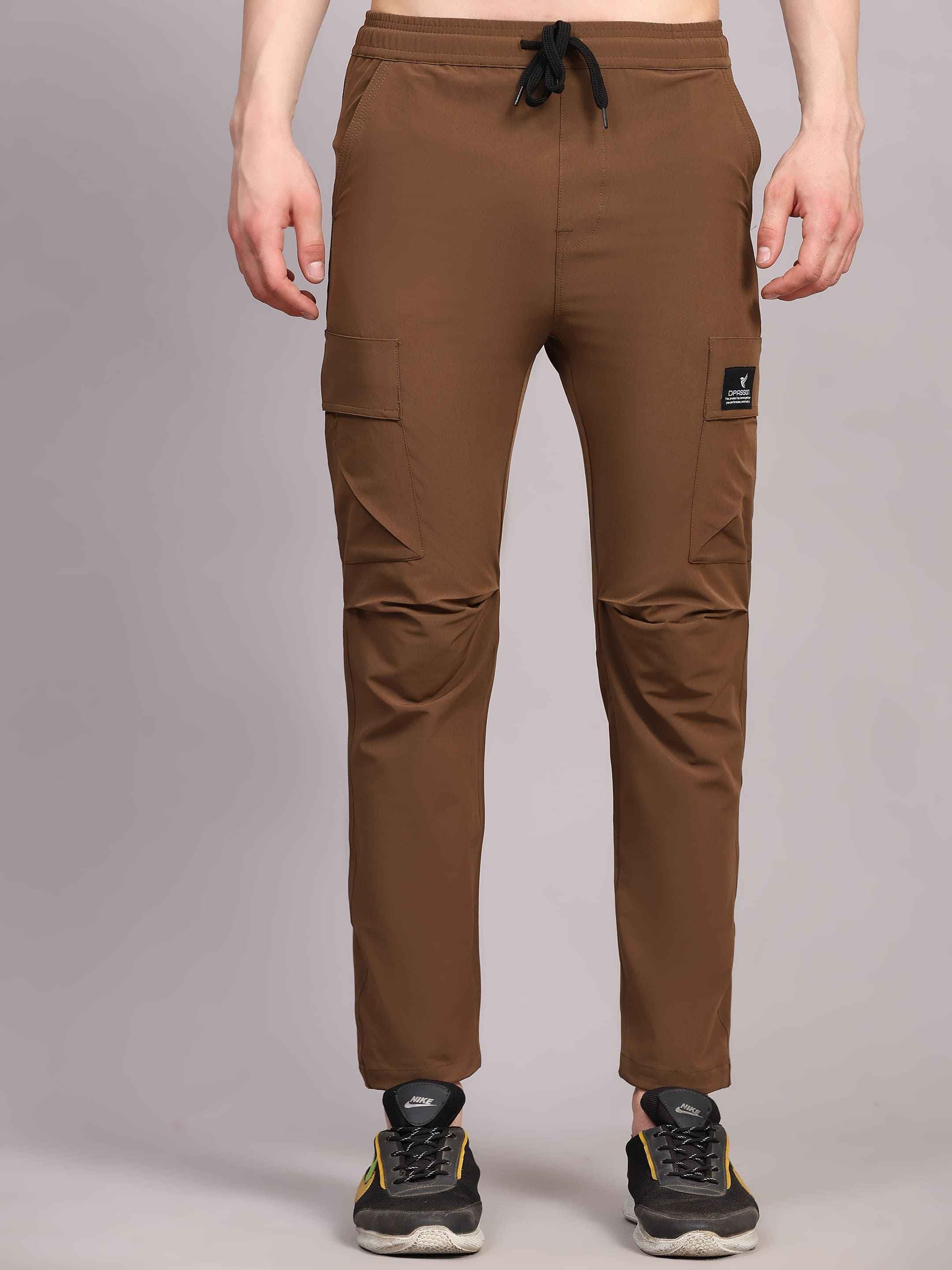 Dpassion Men Brown Cargo Track Pants Slim Fit Gym Activewear