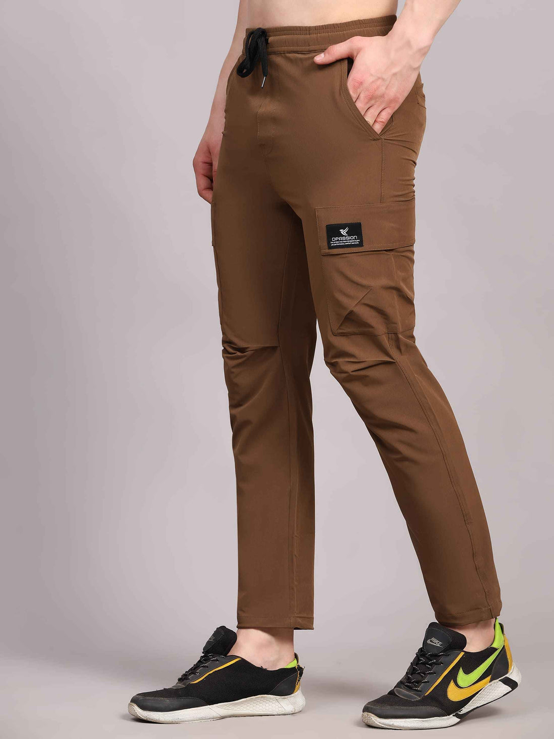 Dpassion Men Brown Cargo Track Pants Slim Fit Gym Activewear