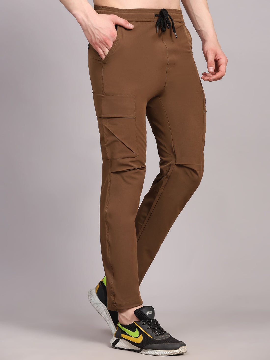 Dpassion Men Brown Cargo Track Pants Slim Fit Gym Activewear