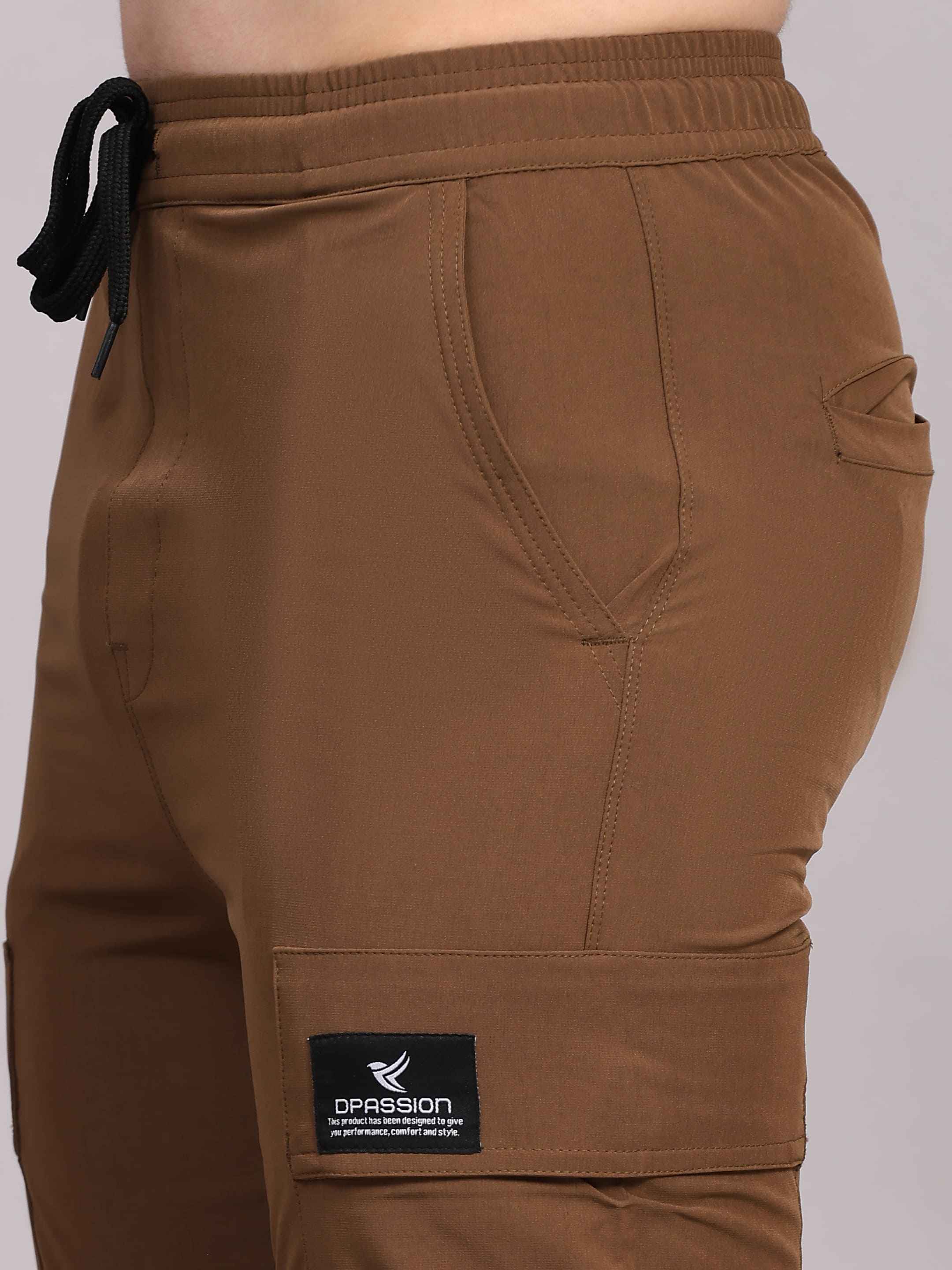 Dpassion Men Brown Cargo Track Pants Slim Fit Gym Activewear