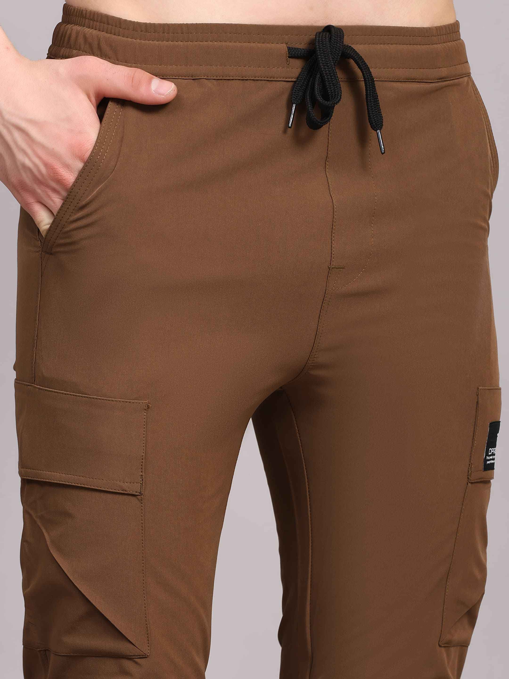 Dpassion Men Brown Cargo Track Pants Slim Fit Gym Activewear