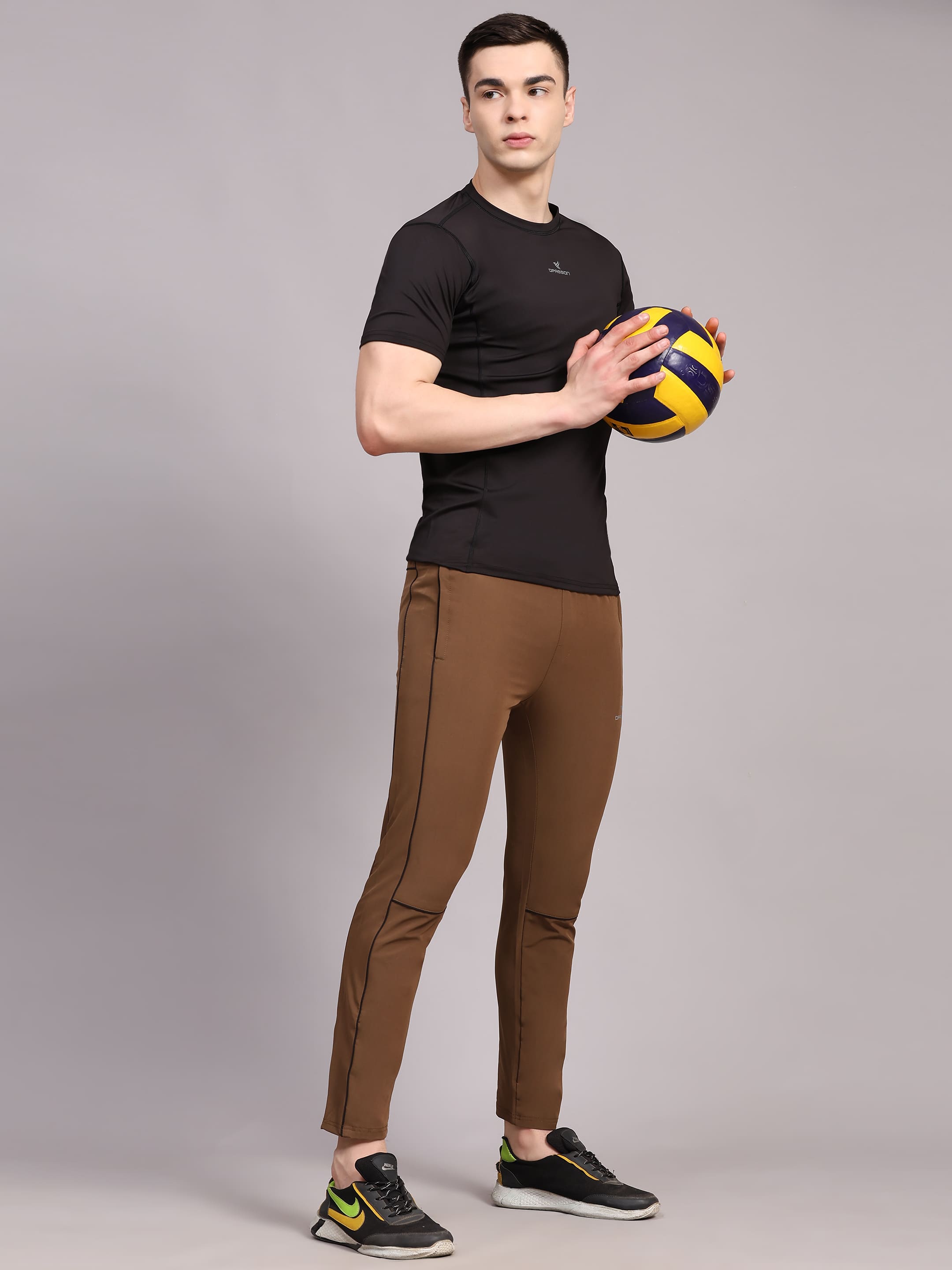 Dpassion Men Slim Fit Training Track Pants Contrast Stripe Activewear Brown - Dpassion