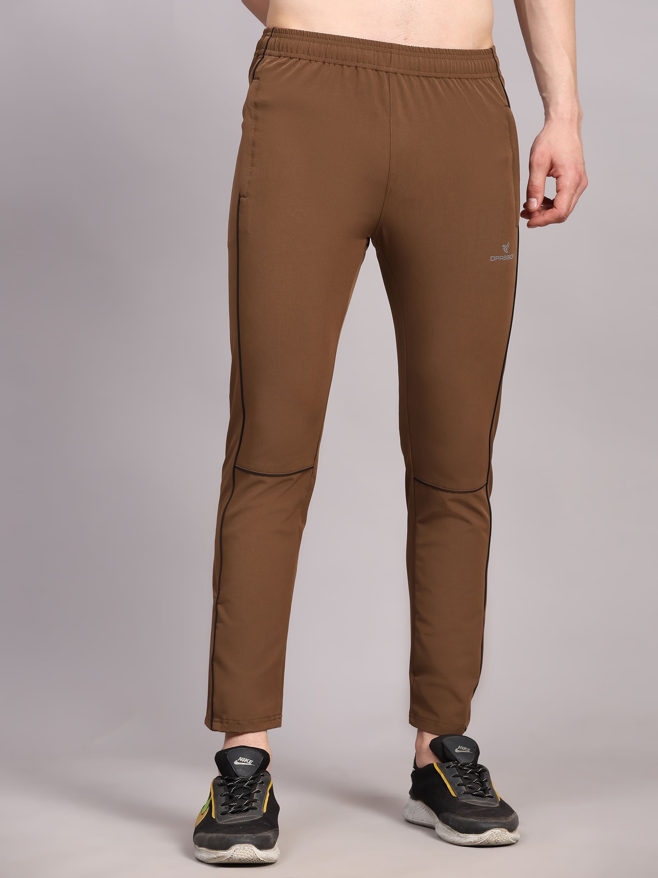 Dpassion Men Slim Fit Training Track Pants Contrast Stripe Activewear Brown - Dpassion