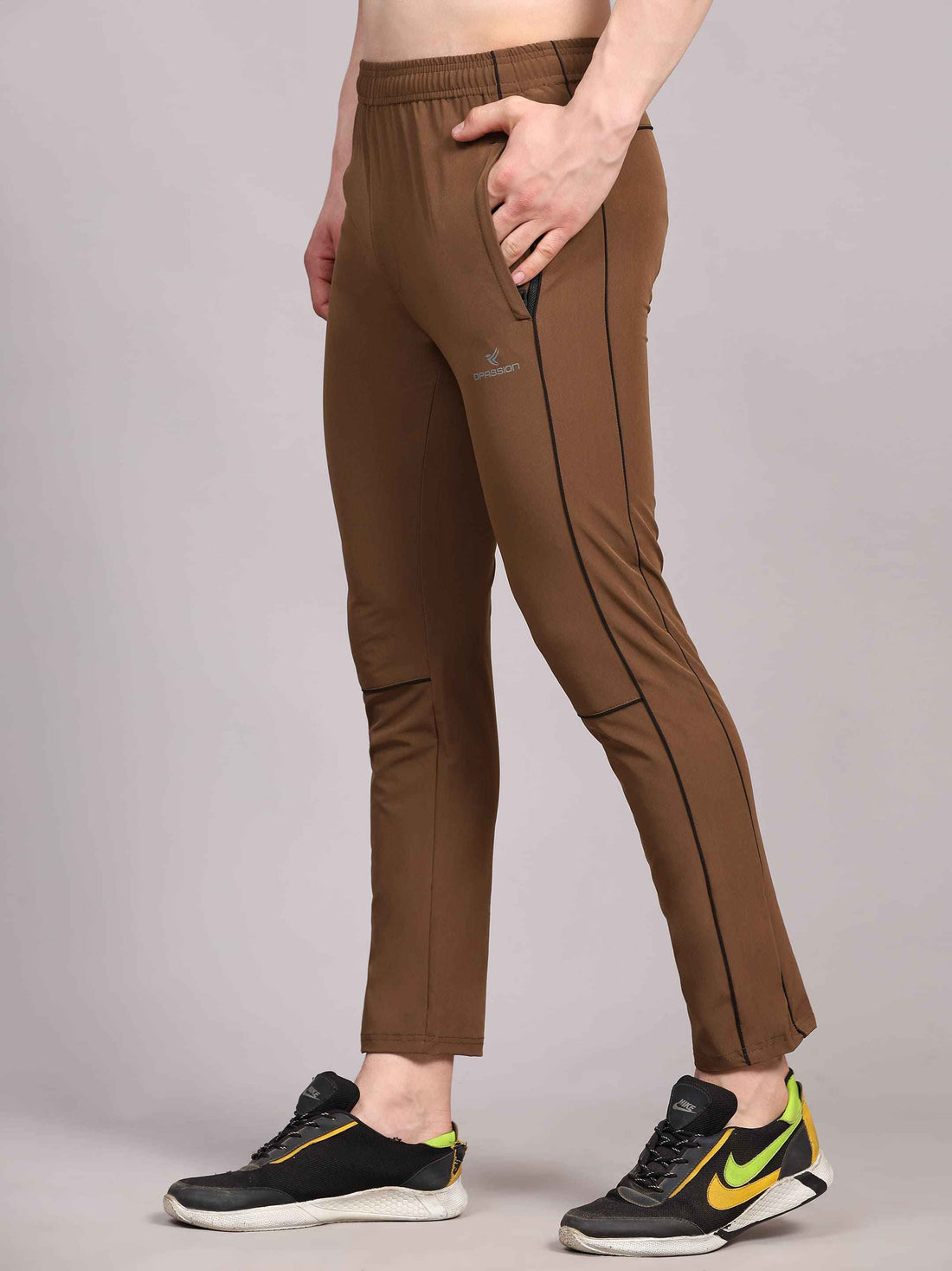 Dpassion Men Slim Fit Training Track Pants Contrast Stripe Activewear Brown