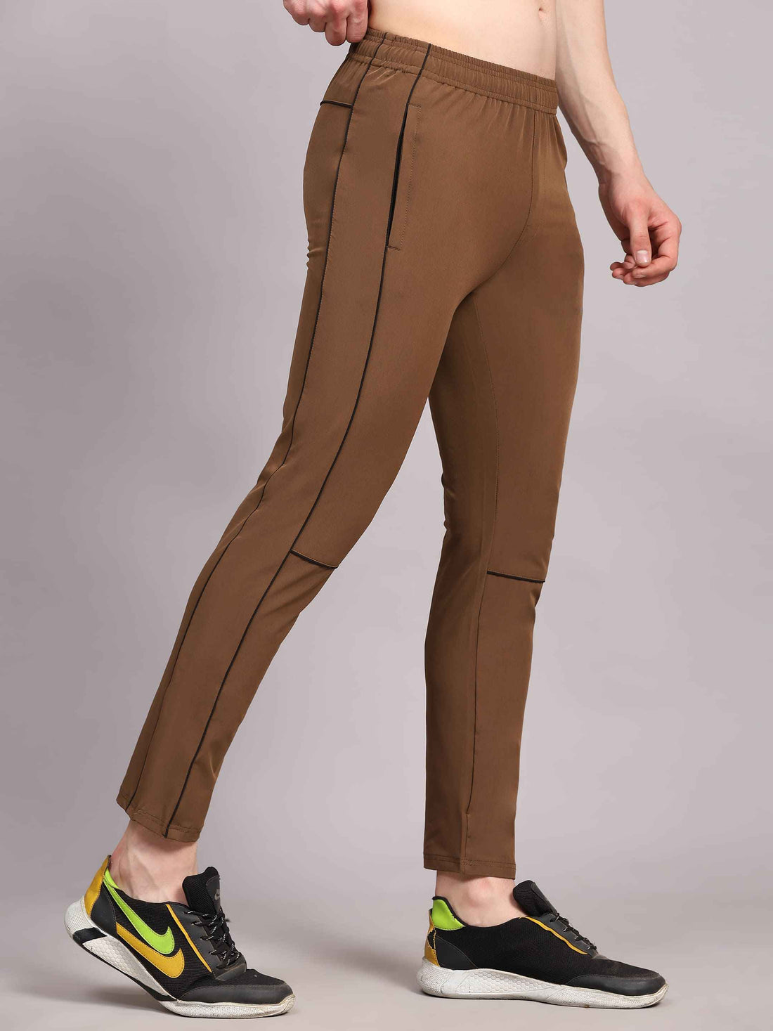 Dpassion Men Slim Fit Training Track Pants Contrast Stripe Activewear Brown