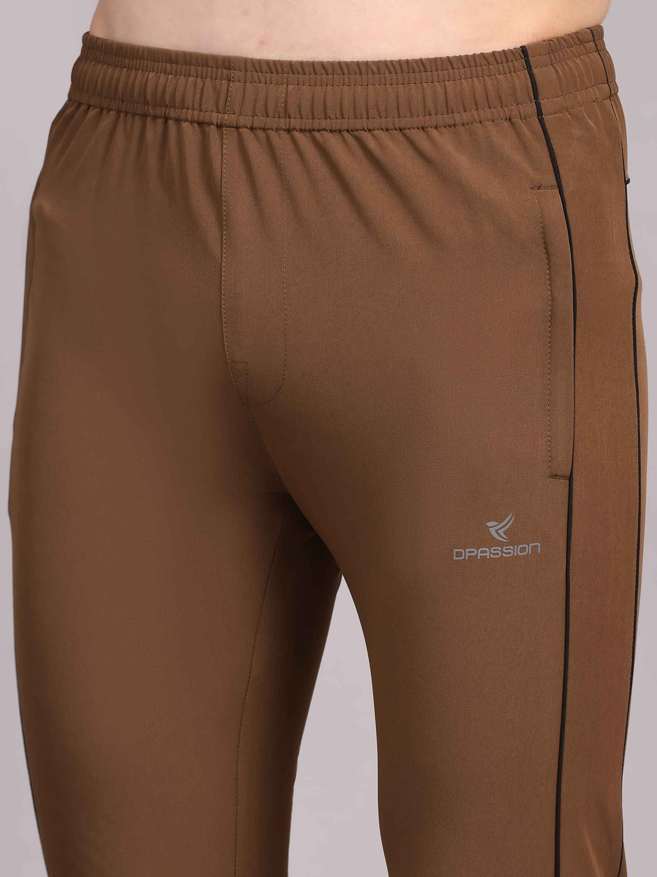 Dpassion Men Slim Fit Training Track Pants Contrast Stripe Activewear Brown