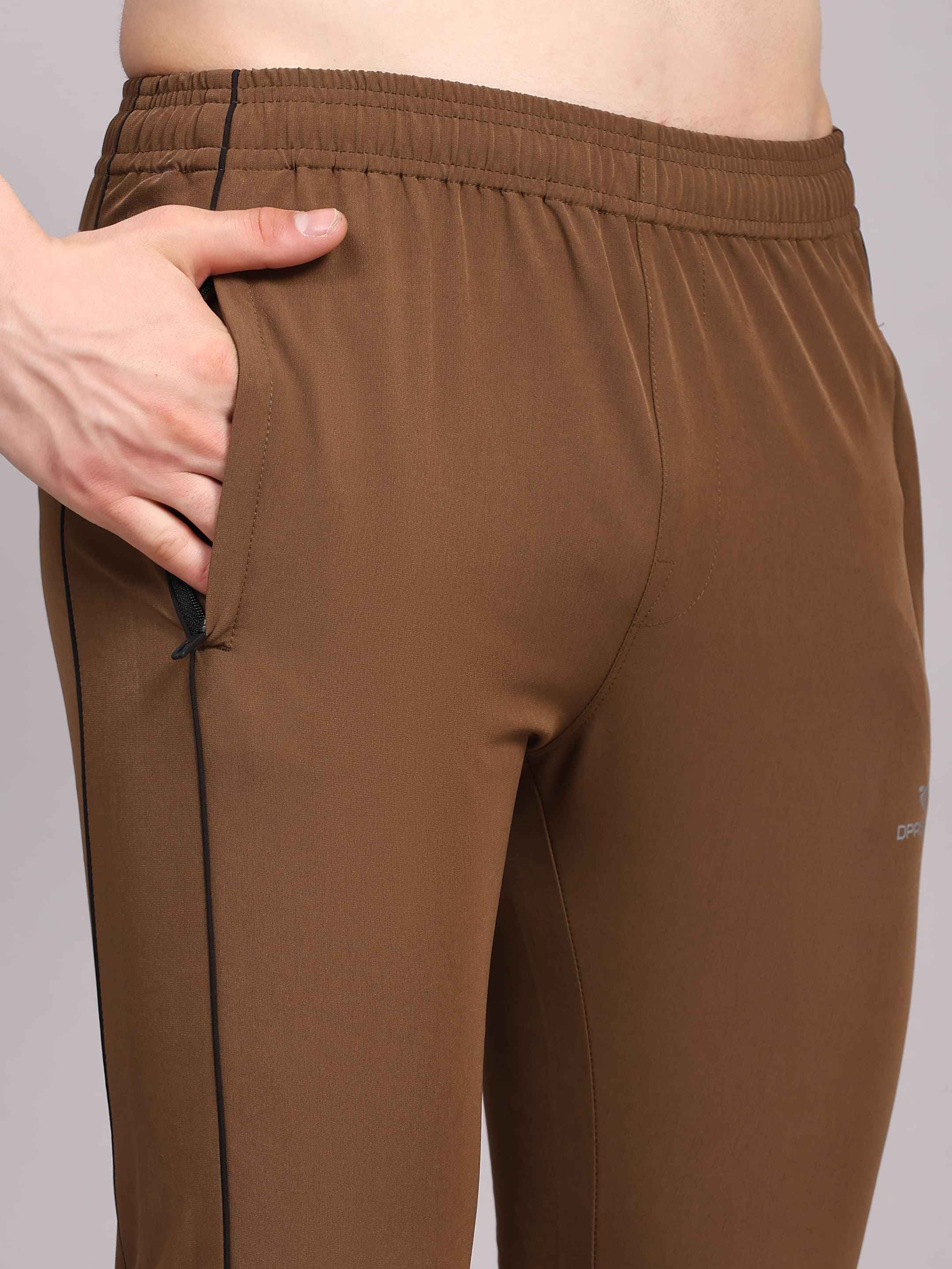 Dpassion Men Slim Fit Training Track Pants Contrast Stripe Activewear Brown