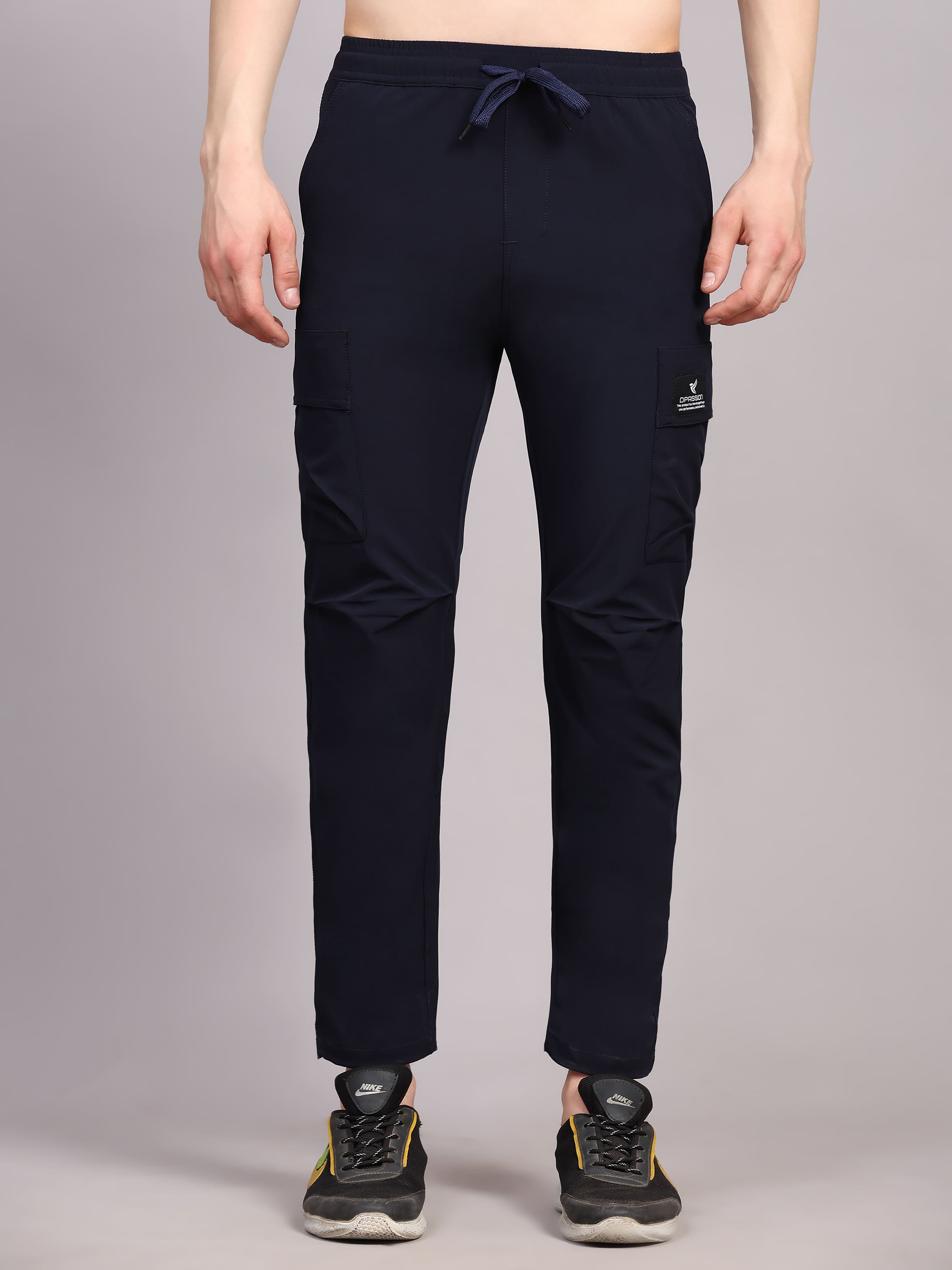 Dpassion Men Navy Blue Cargo Track Pants Slim Fit Stretch Gym Activewear - Dpassion