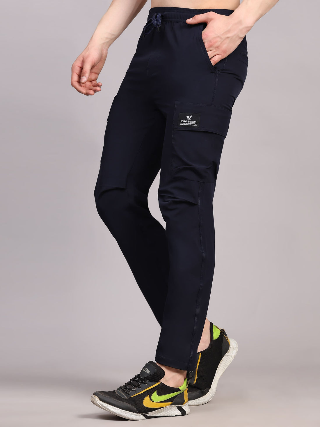 Dpassion Men Navy Blue Cargo Track Pants Slim Fit Stretch Gym Activewear - Dpassion