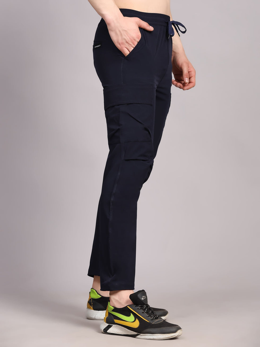 Dpassion Men Navy Blue Cargo Track Pants Slim Fit Stretch Gym Activewear - Dpassion