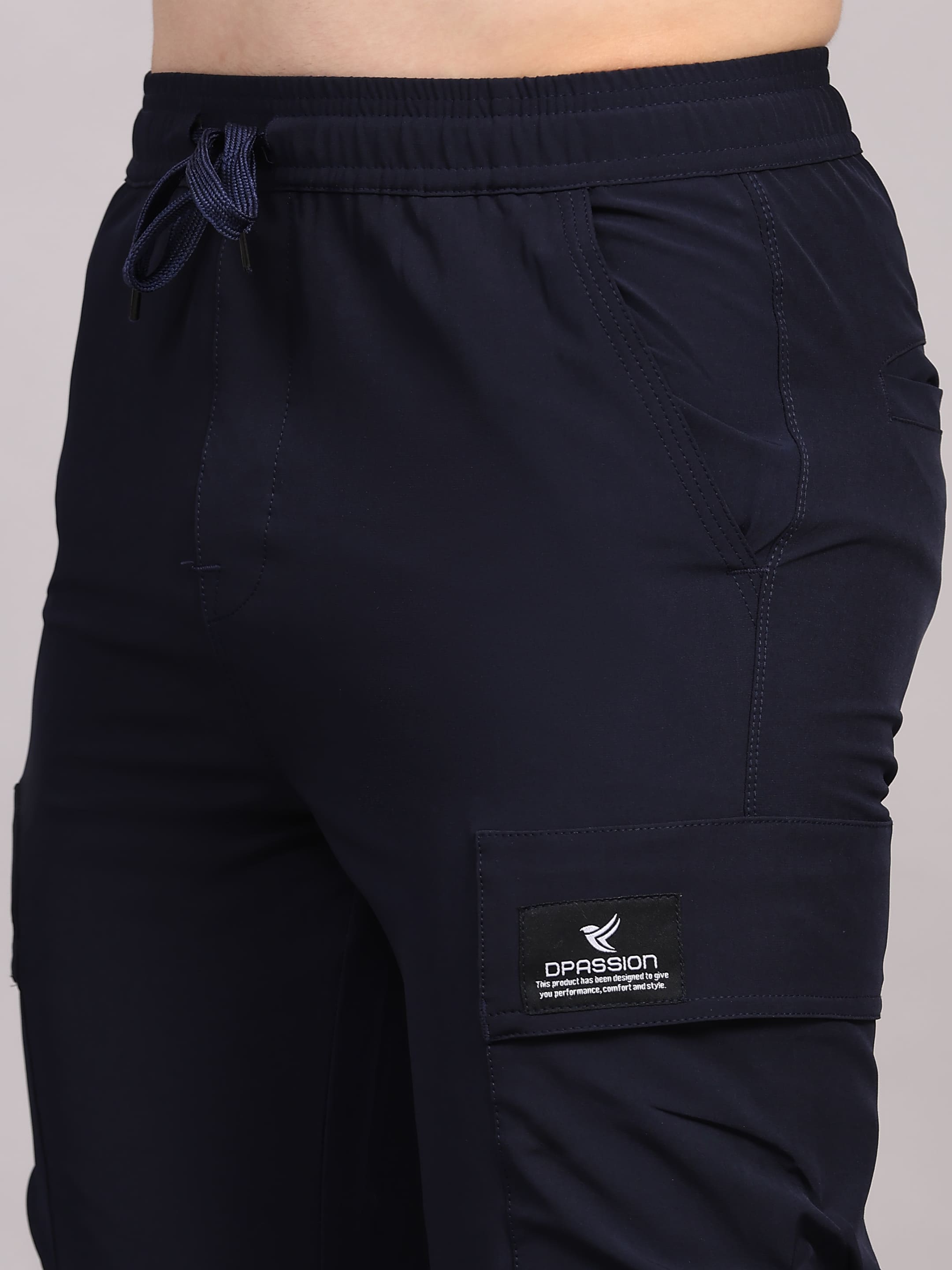 Dpassion Men Navy Blue Cargo Track Pants Slim Fit Stretch Gym Activewear - Dpassion