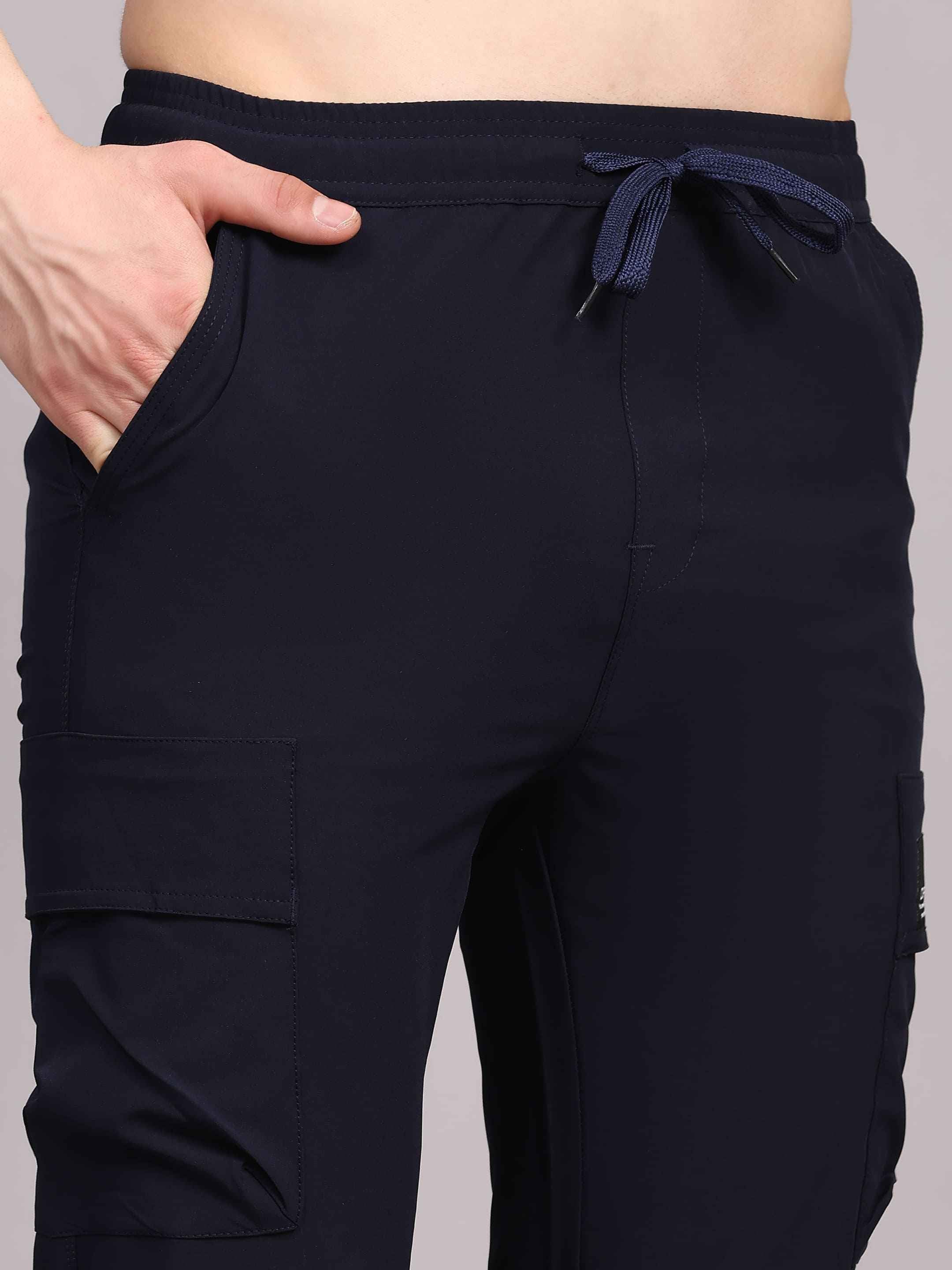 Dpassion Men Navy Blue Cargo Track Pants Slim Fit Stretch Gym Activewear