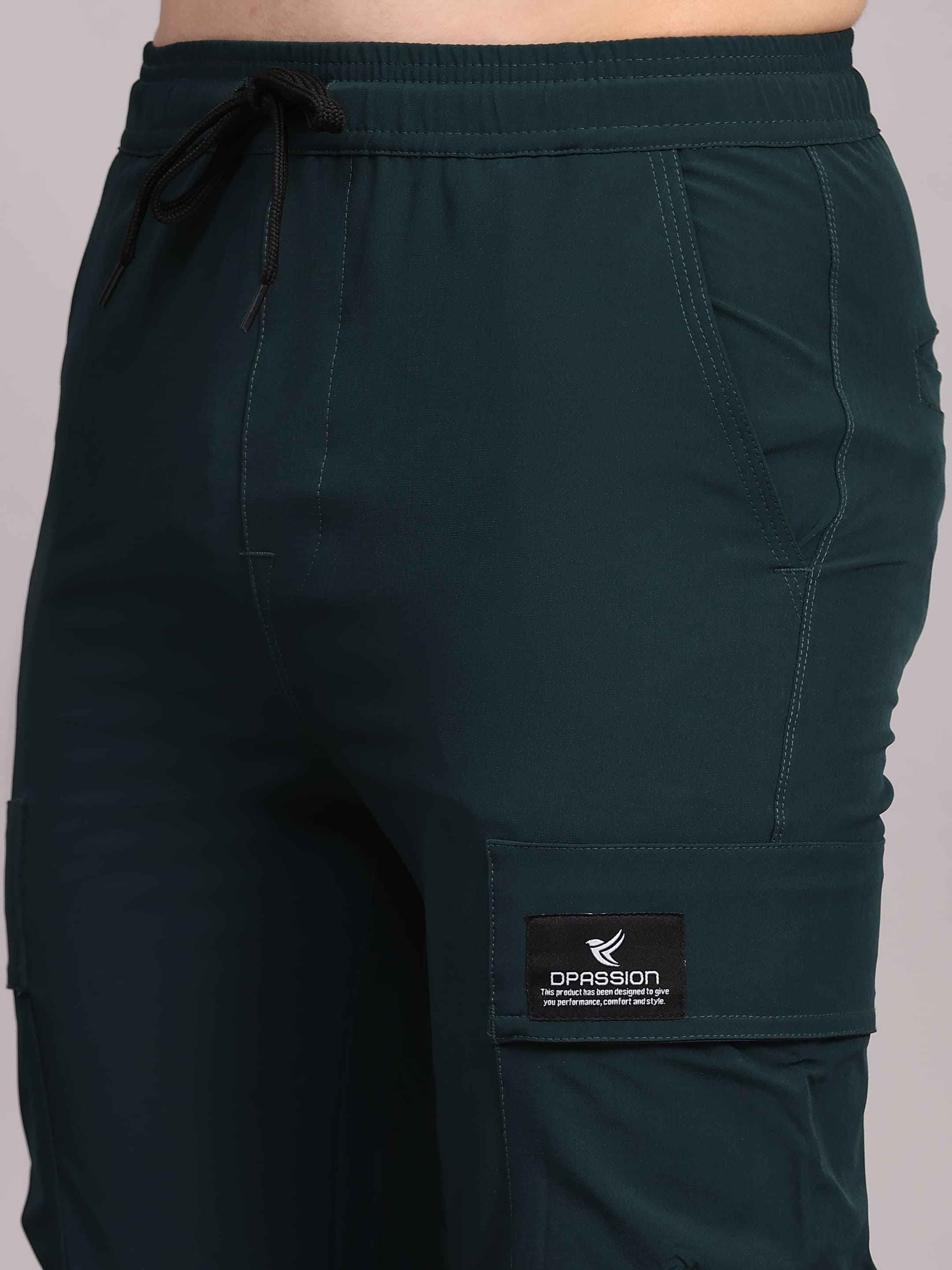 Dpassion Men Dark Green Cargo Track Pants Slim Fit Gym Activewear