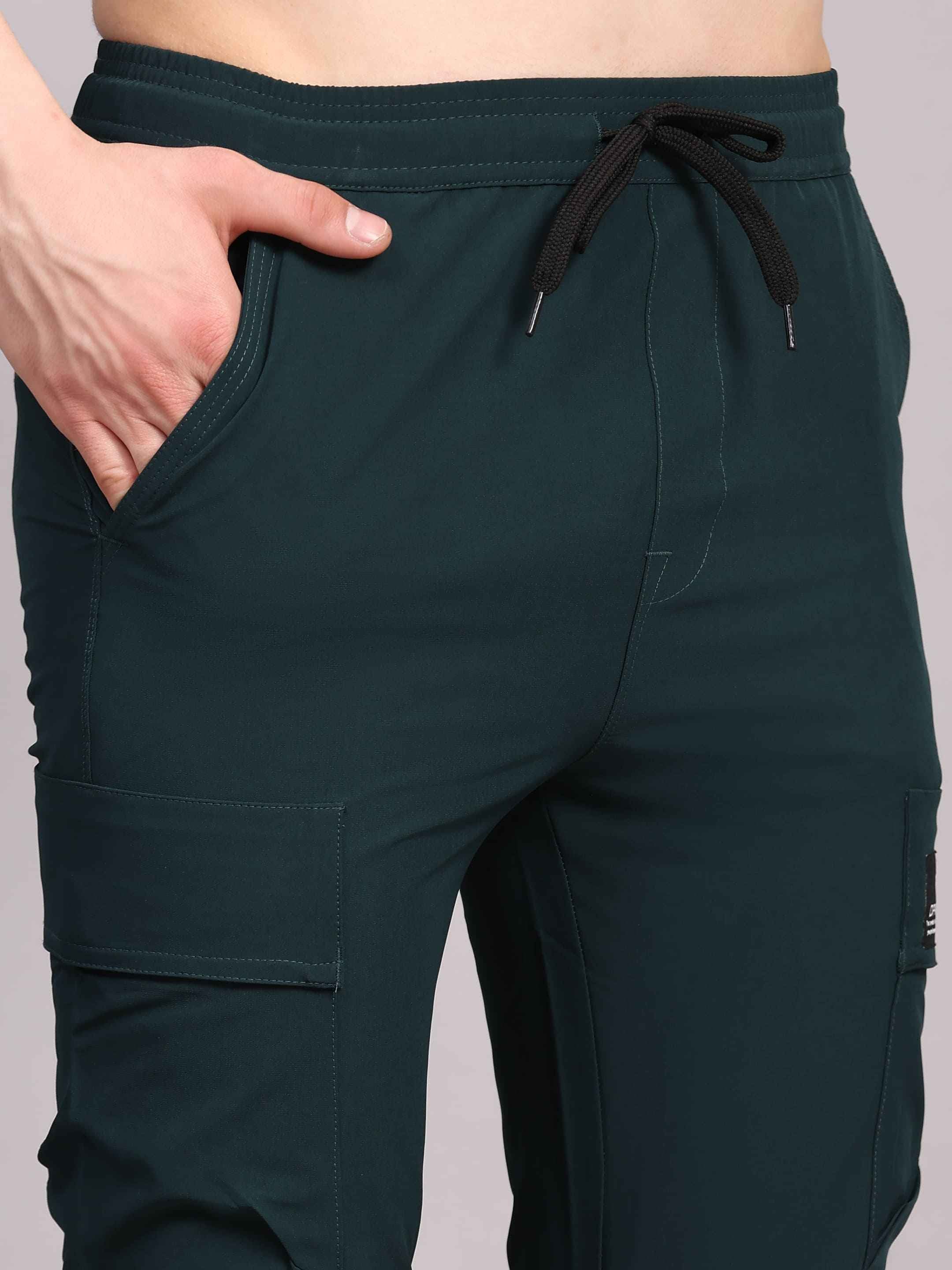 Dpassion Men Dark Green Cargo Track Pants Slim Fit Gym Activewear