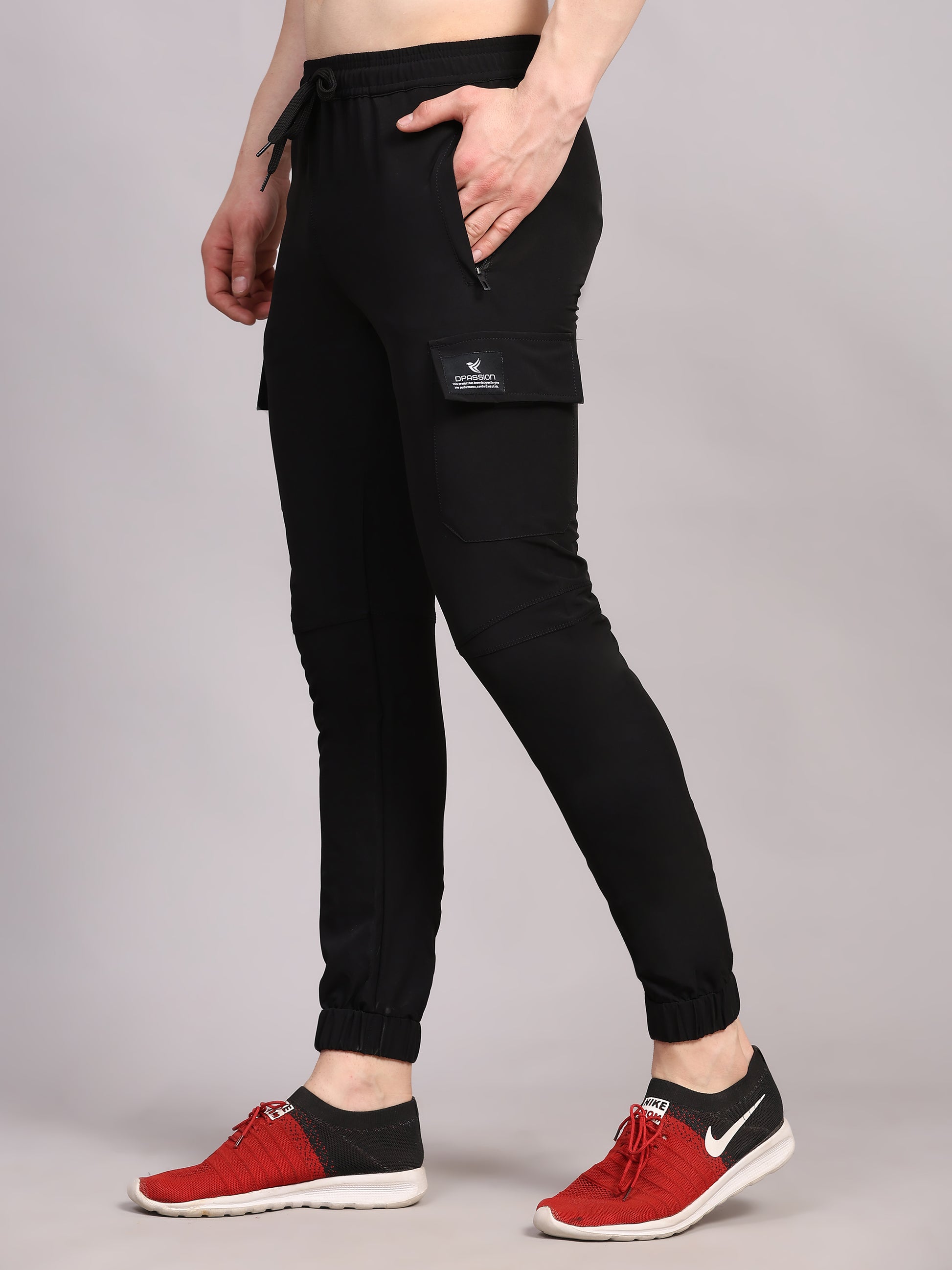 Dpassion Men Black Cargo Joggers Tapered Gym Performance Activewear - Dpassion