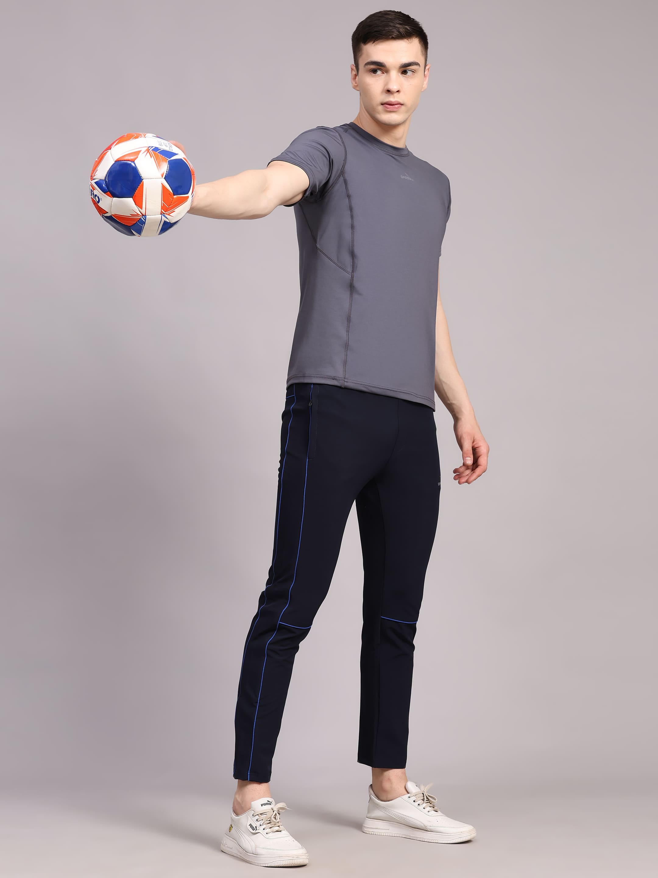 Dpassion Men Slim Fit Navy Blue Training Track Pants Contrast Stripe Gym Activewear - Dpassion
