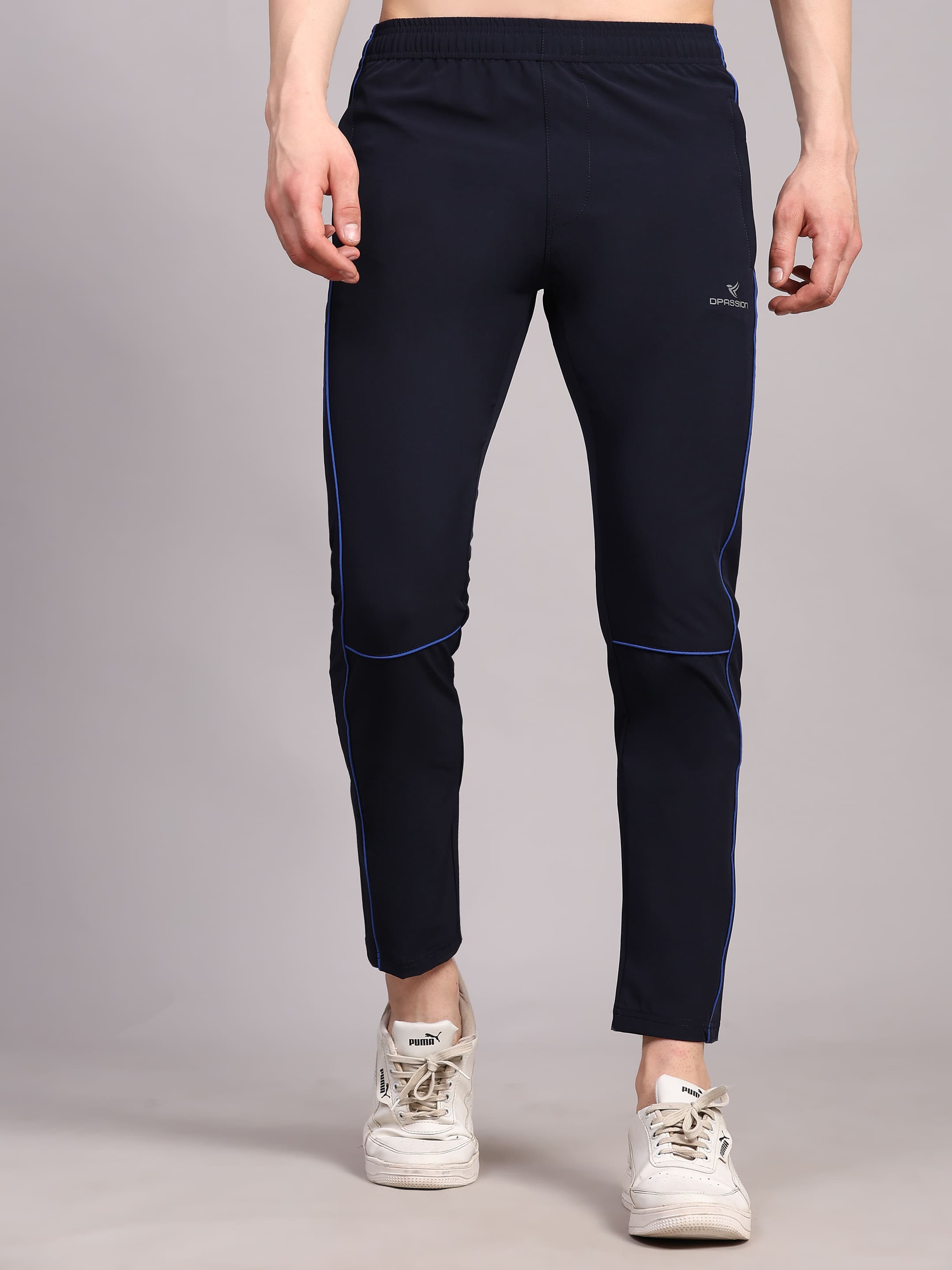 Dpassion Men Slim Fit Navy Blue Training Track Pants Contrast Stripe Gym Activewear - Dpassion