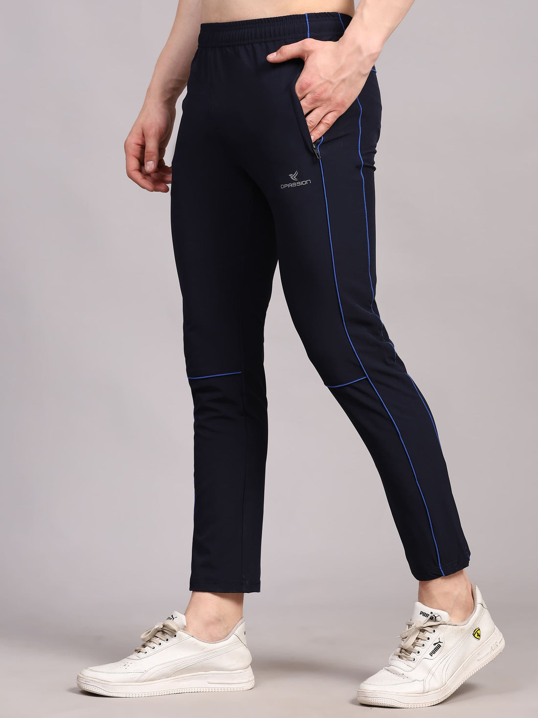 Dpassion Men Slim Fit Navy Blue Training Track Pants Contrast Stripe Gym Activewear - Dpassion