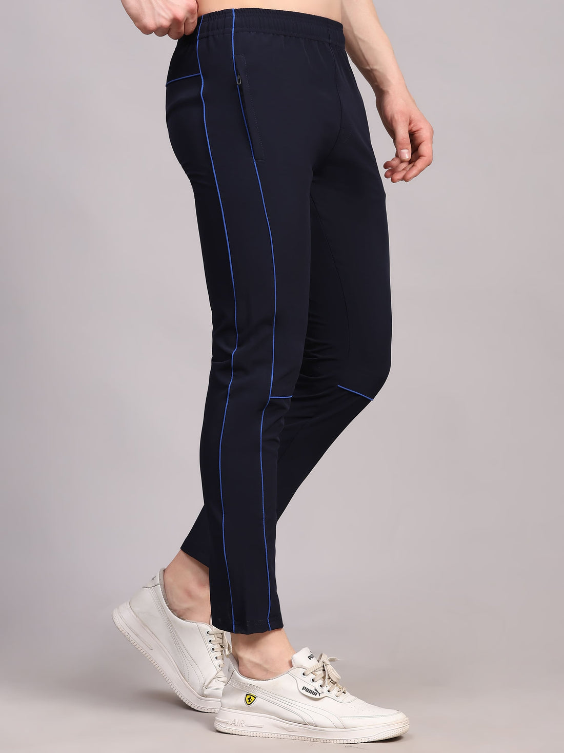 Dpassion Men Slim Fit Navy Blue Training Track Pants Contrast Stripe Gym Activewear - Dpassion