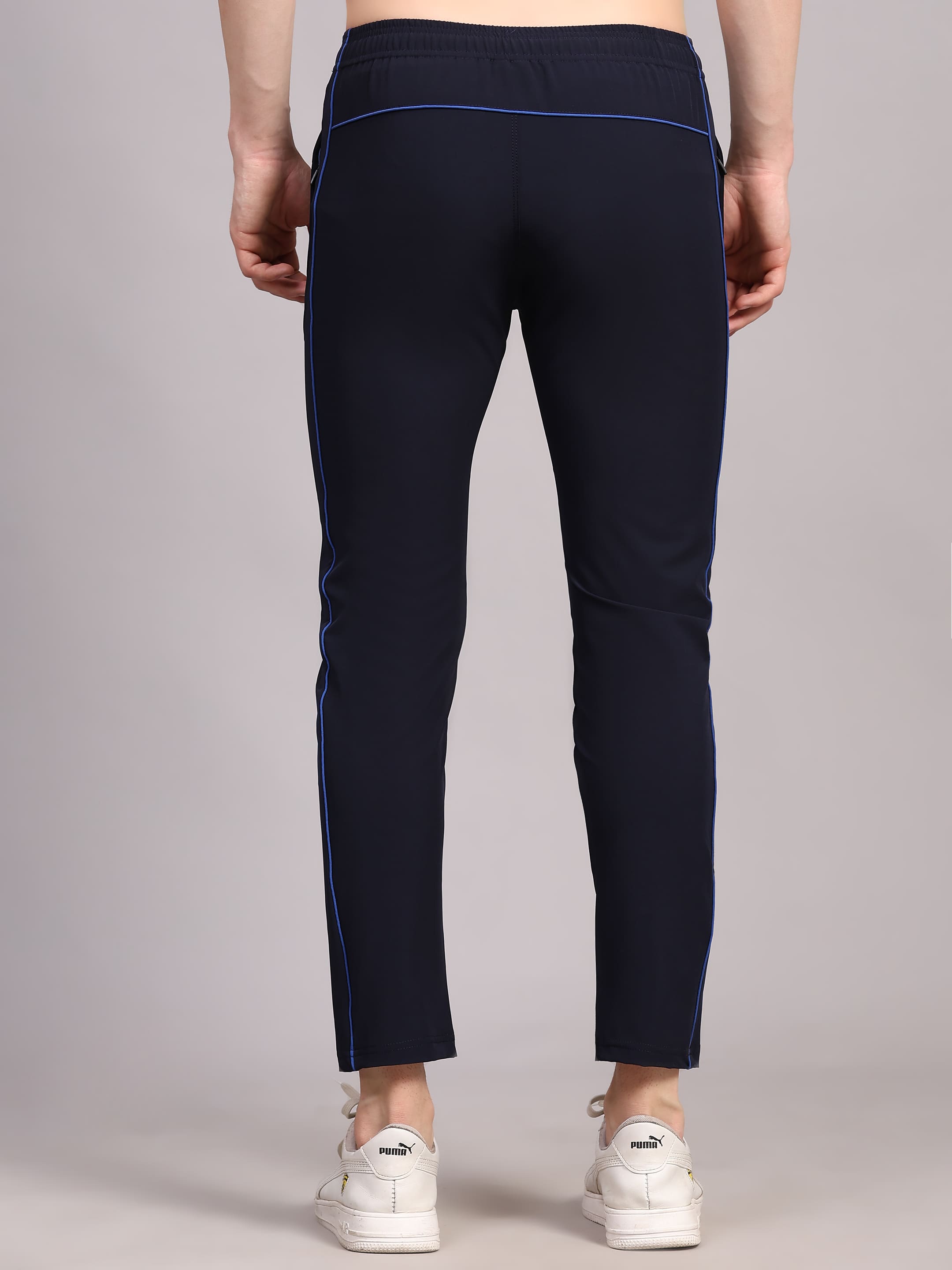 Dpassion Men Slim Fit Navy Blue Training Track Pants Contrast Stripe Gym Activewear - Dpassion