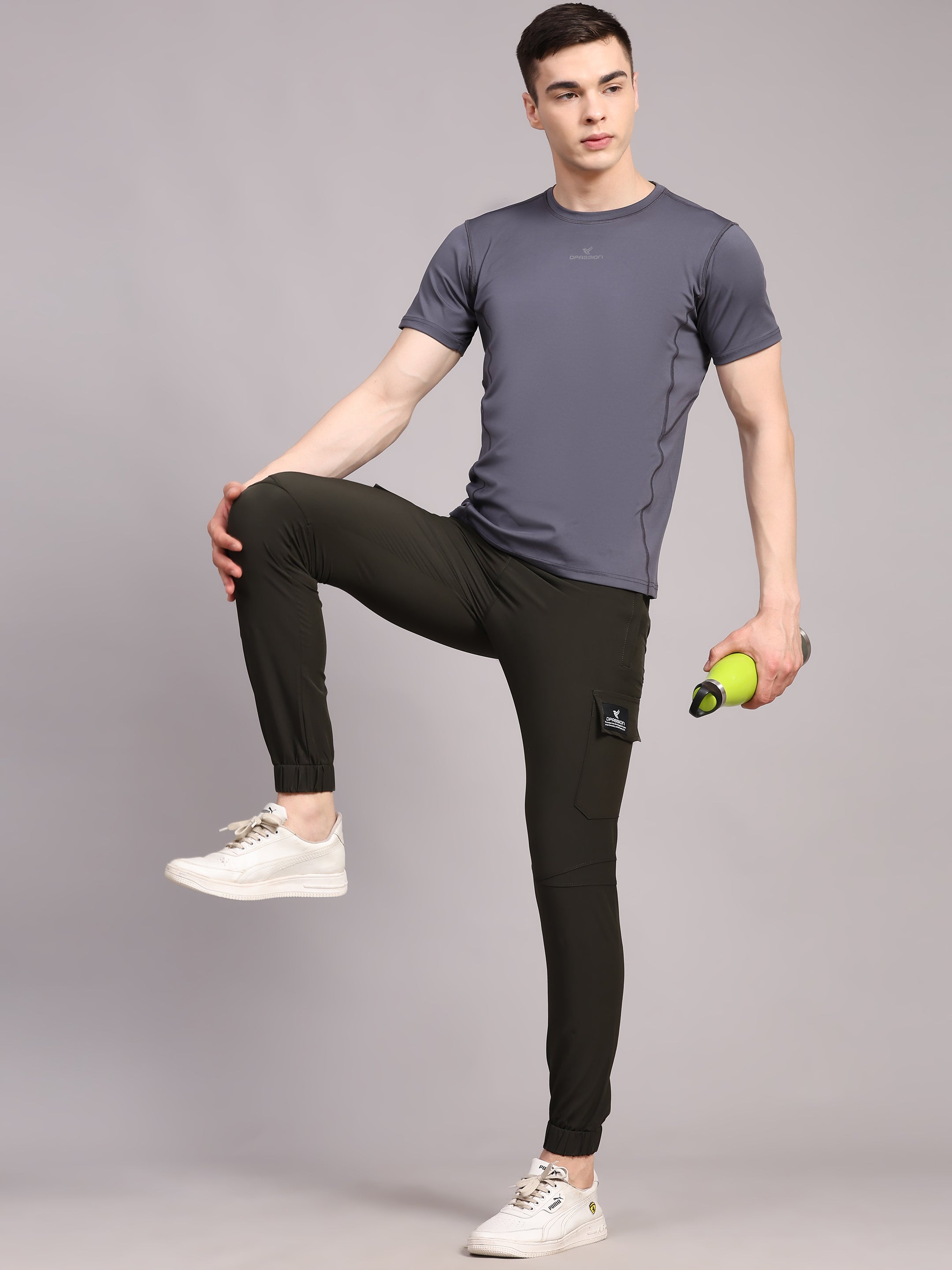 Dpassion Men Olive Cargo Joggers Slim Fit Gym Performance Wear