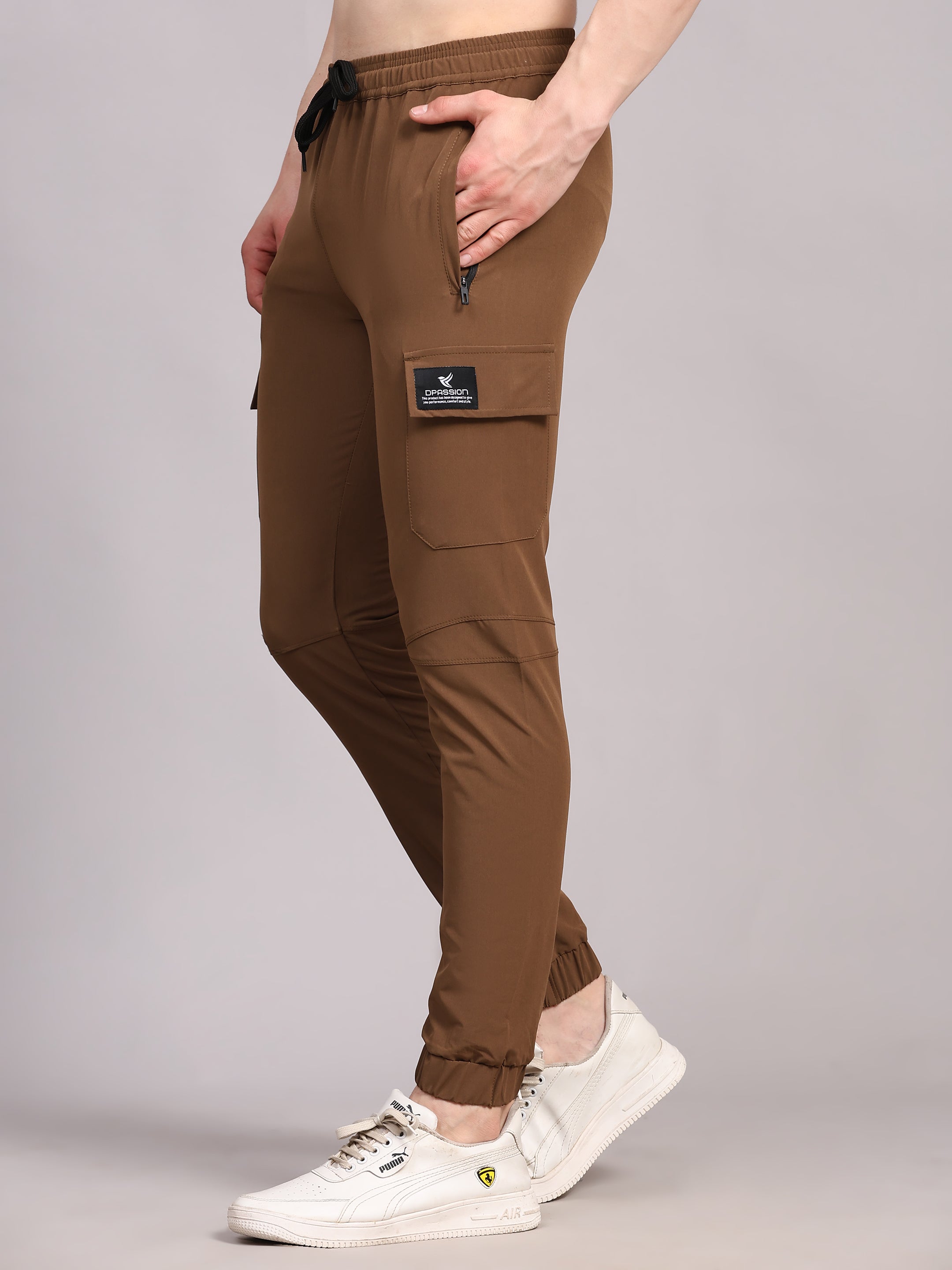 Dpassion Men Brown Cargo Joggers Tapered Gym Performance Activewear - Dpassion