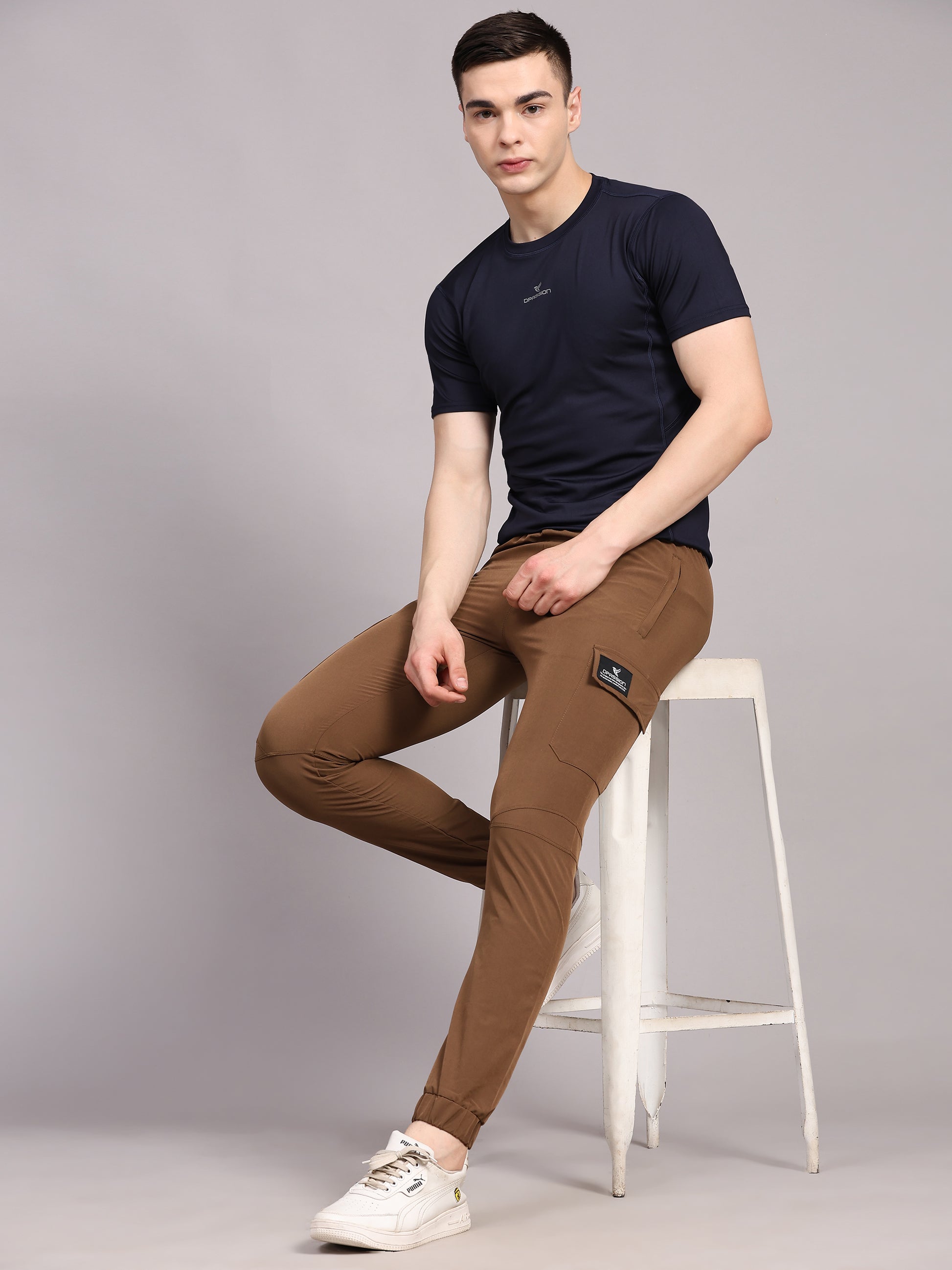 Dpassion Men Brown Cargo Joggers Tapered Gym Performance Activewear - Dpassion