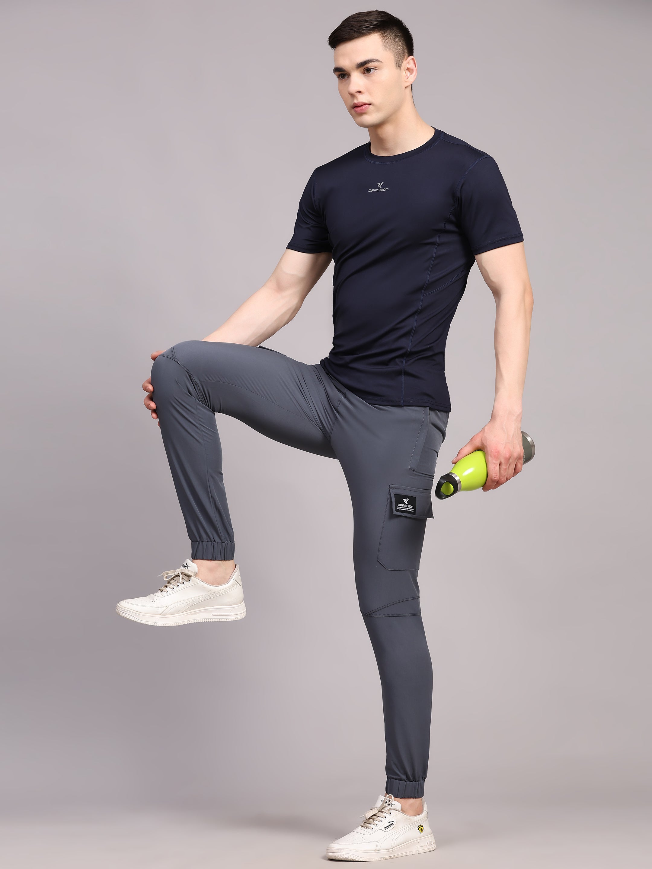 Dpassion Men Grey Cargo Joggers Tapered Gym Performance Activewear - Dpassion