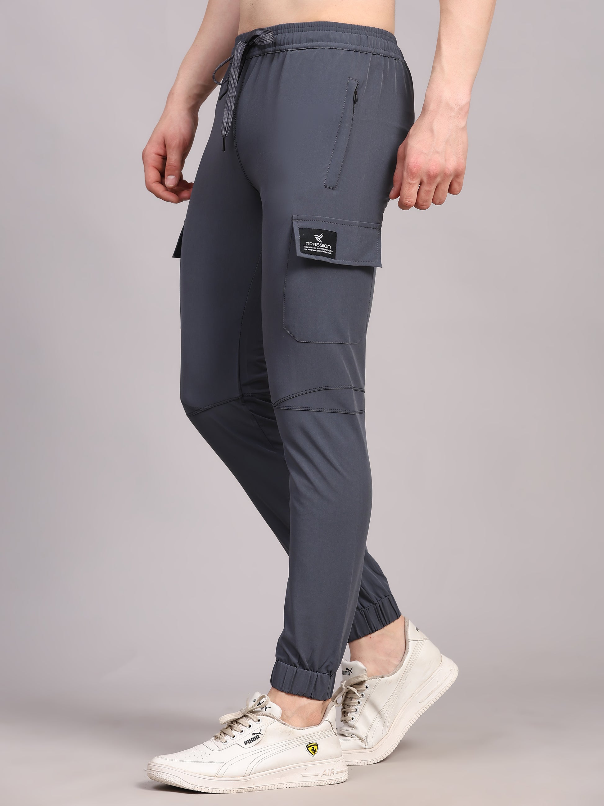 Dpassion Men Grey Cargo Joggers Tapered Gym Performance Activewear - Dpassion