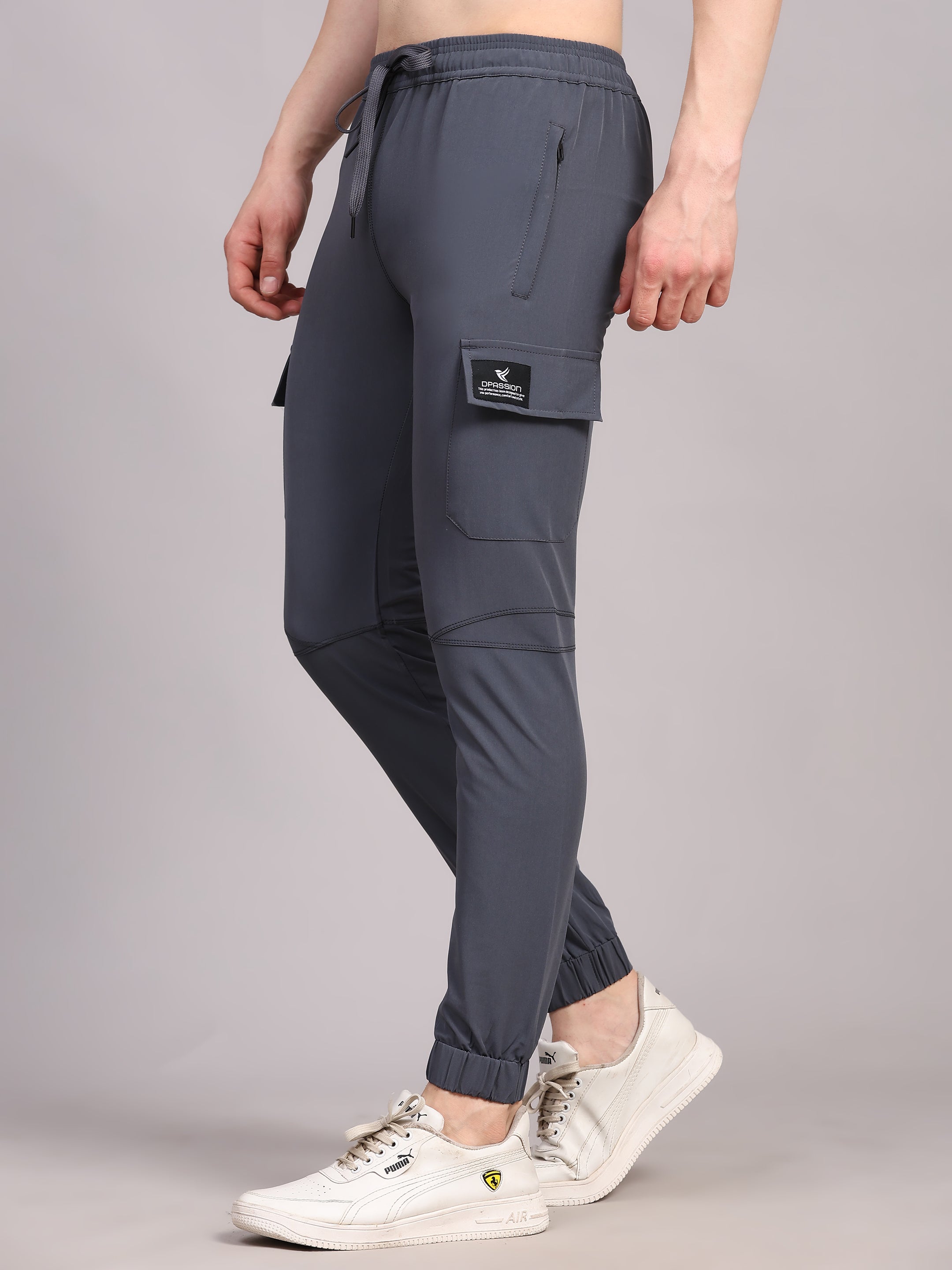 Dpassion Men Grey Cargo Joggers Tapered Gym Performance Activewear - Dpassion
