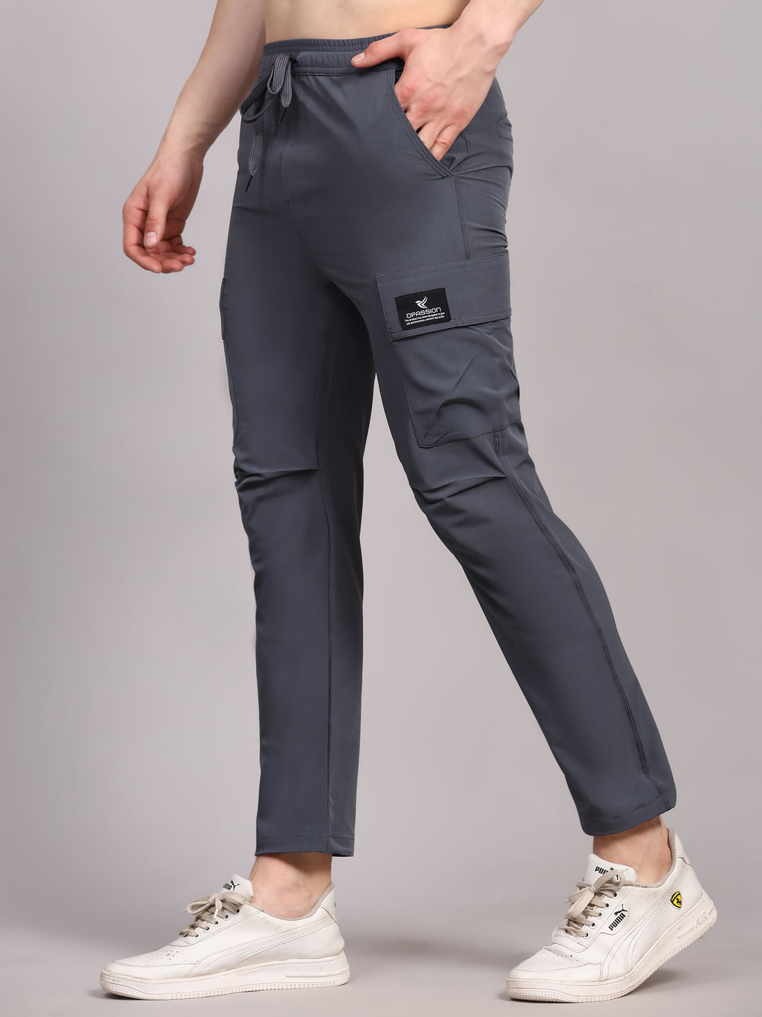 Dpassion Men Grey Cargo Track Pants Slim Fit Gym Activewear