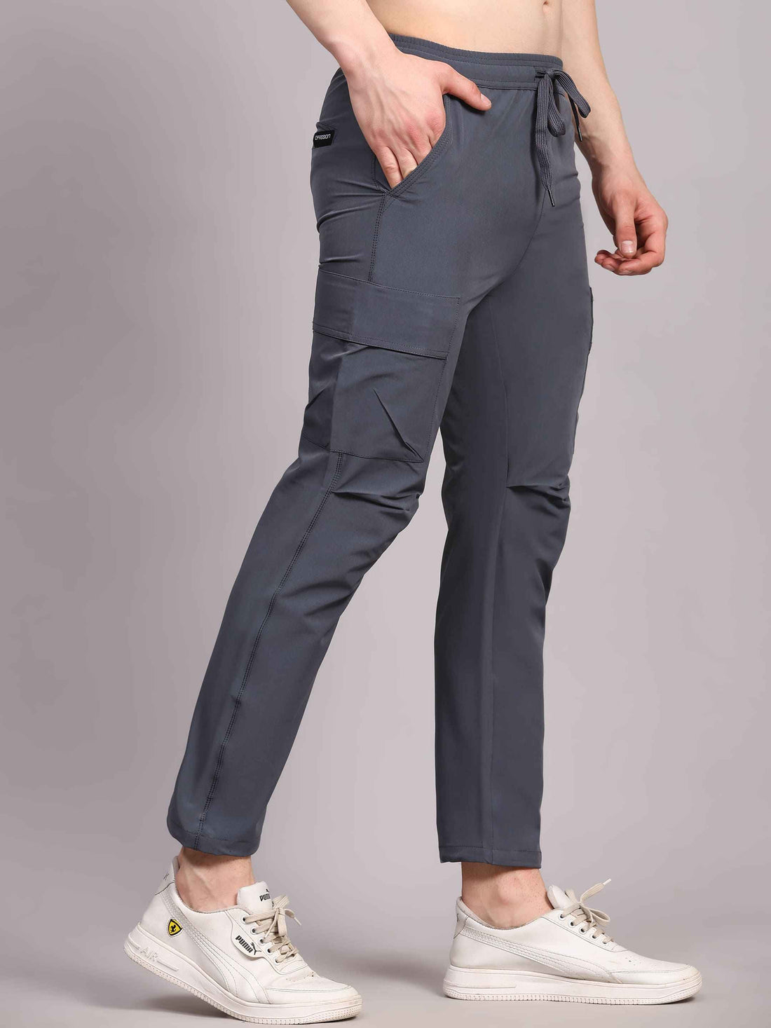 Dpassion Men Grey Cargo Track Pants Slim Fit Gym Activewear
