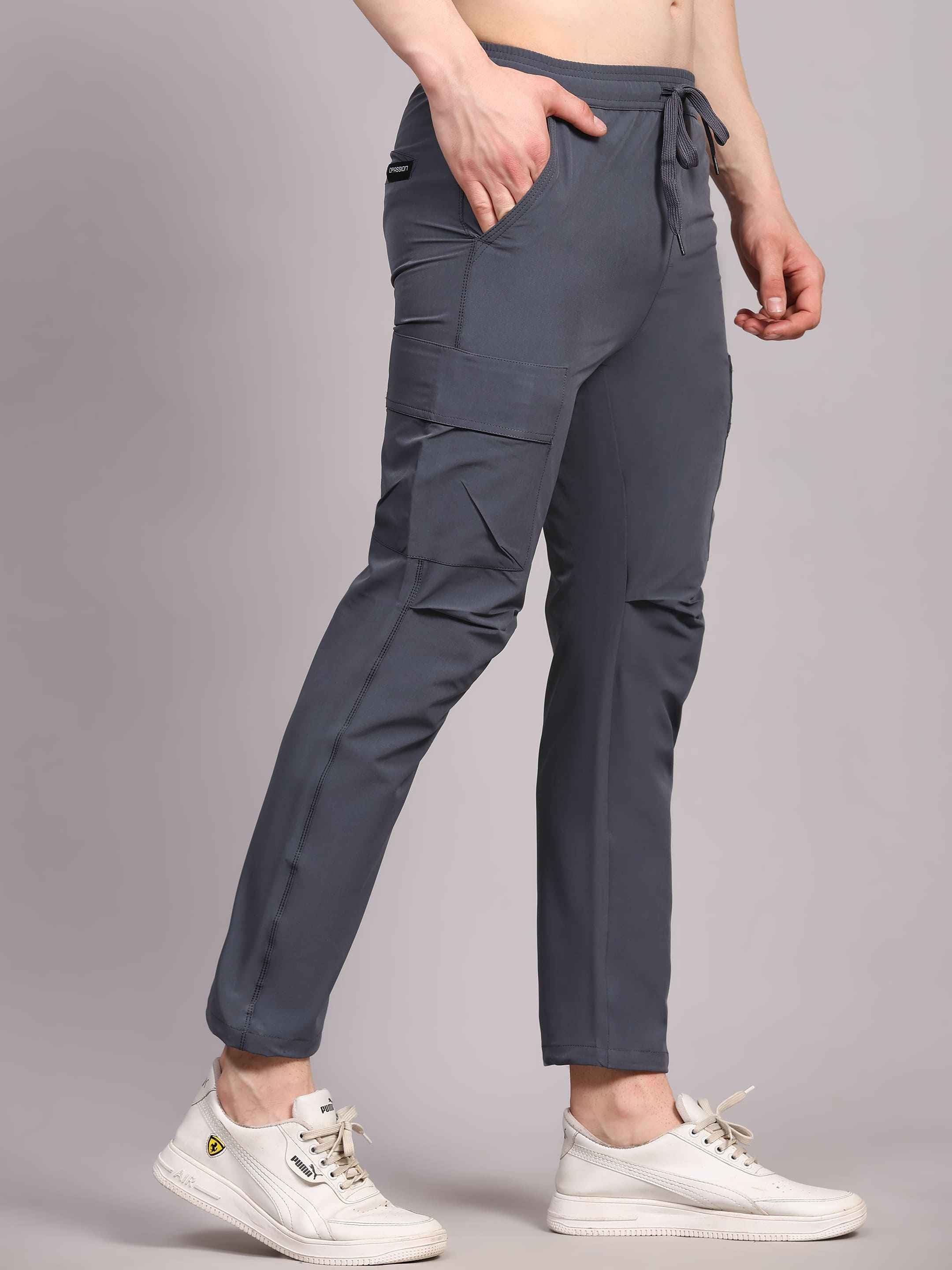Dpassion Men Grey Cargo Track Pants Slim Fit Gym Activewear