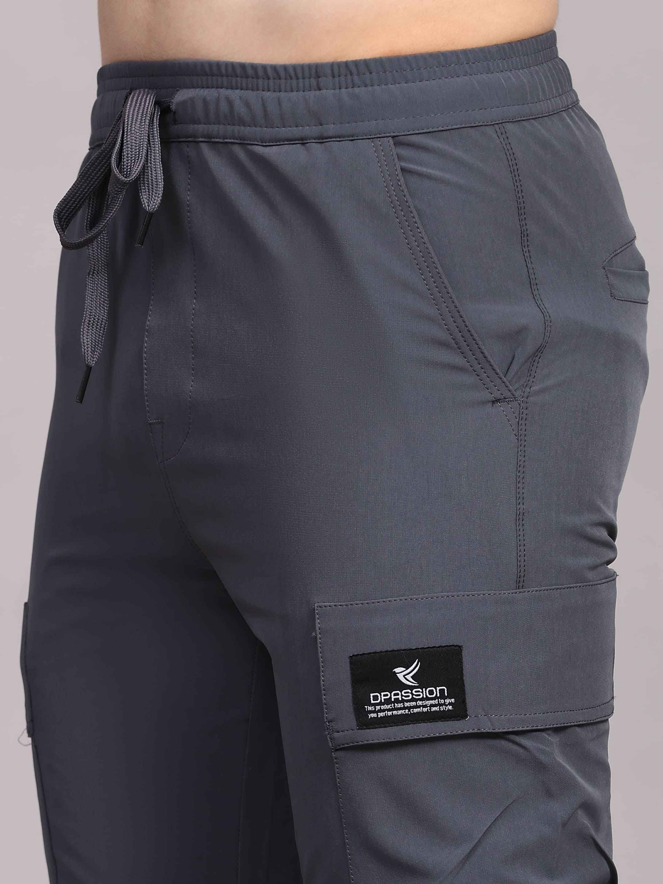 Dpassion Men Grey Cargo Track Pants Slim Fit Gym Activewear