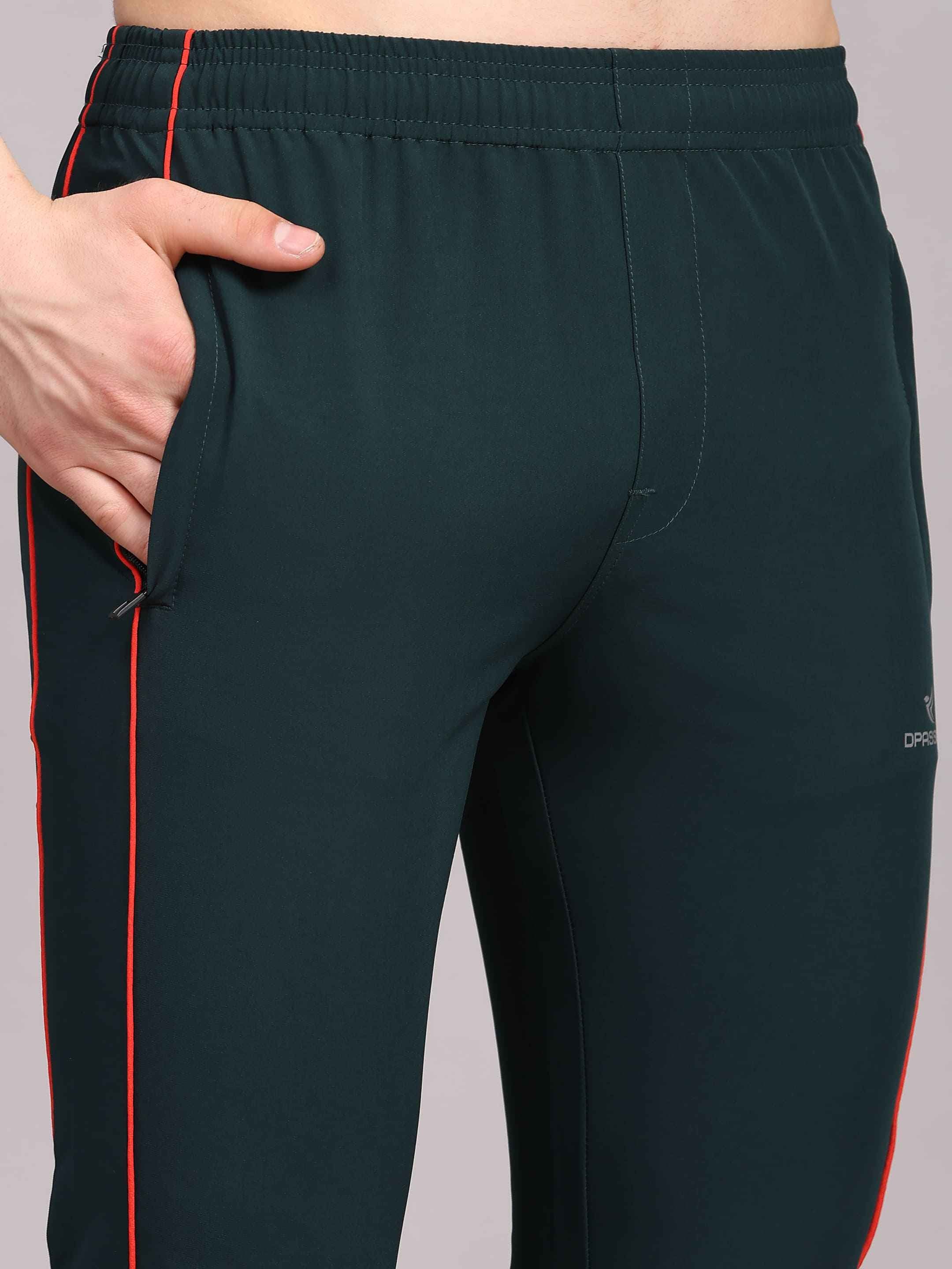 Dpassion Men Slim Fit Training Track Pants Contrast Stripe Activewear Green