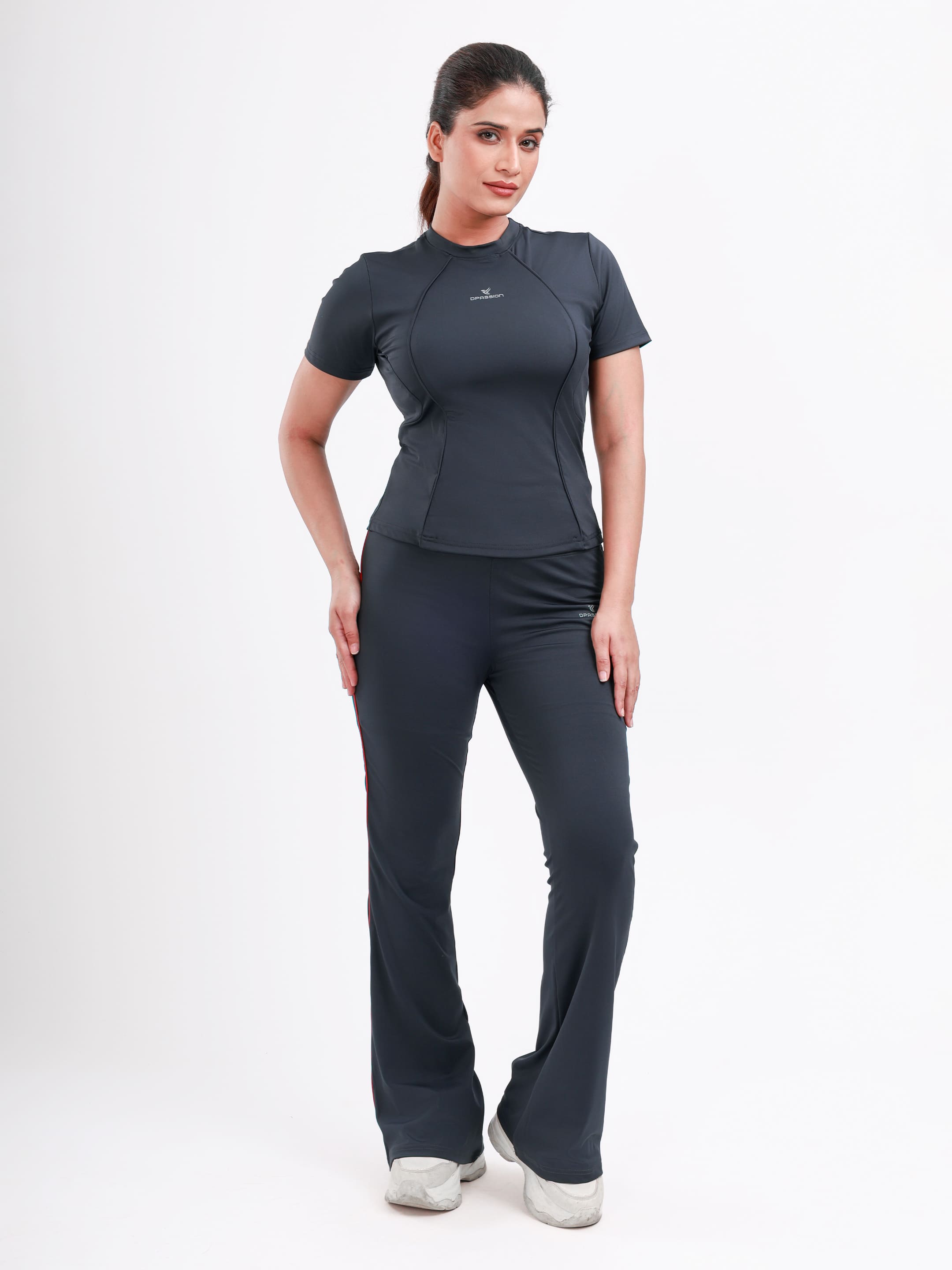Dpassion Women’s Charcoal Grey Flared Performance Leggings with Red Piping - Dpassion