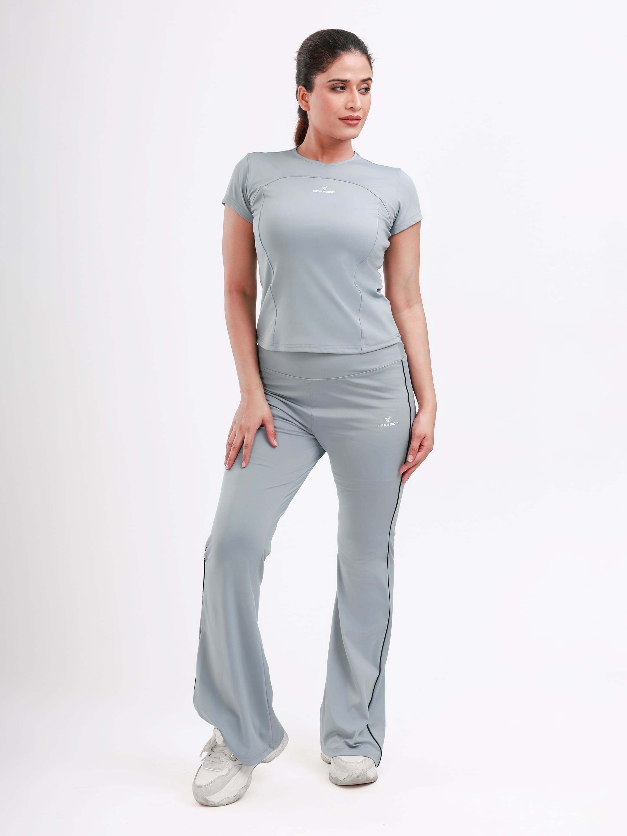 Dpassion Women’s Ice Grey Flared Performance Leggings with Contrast Piping - Dpassion