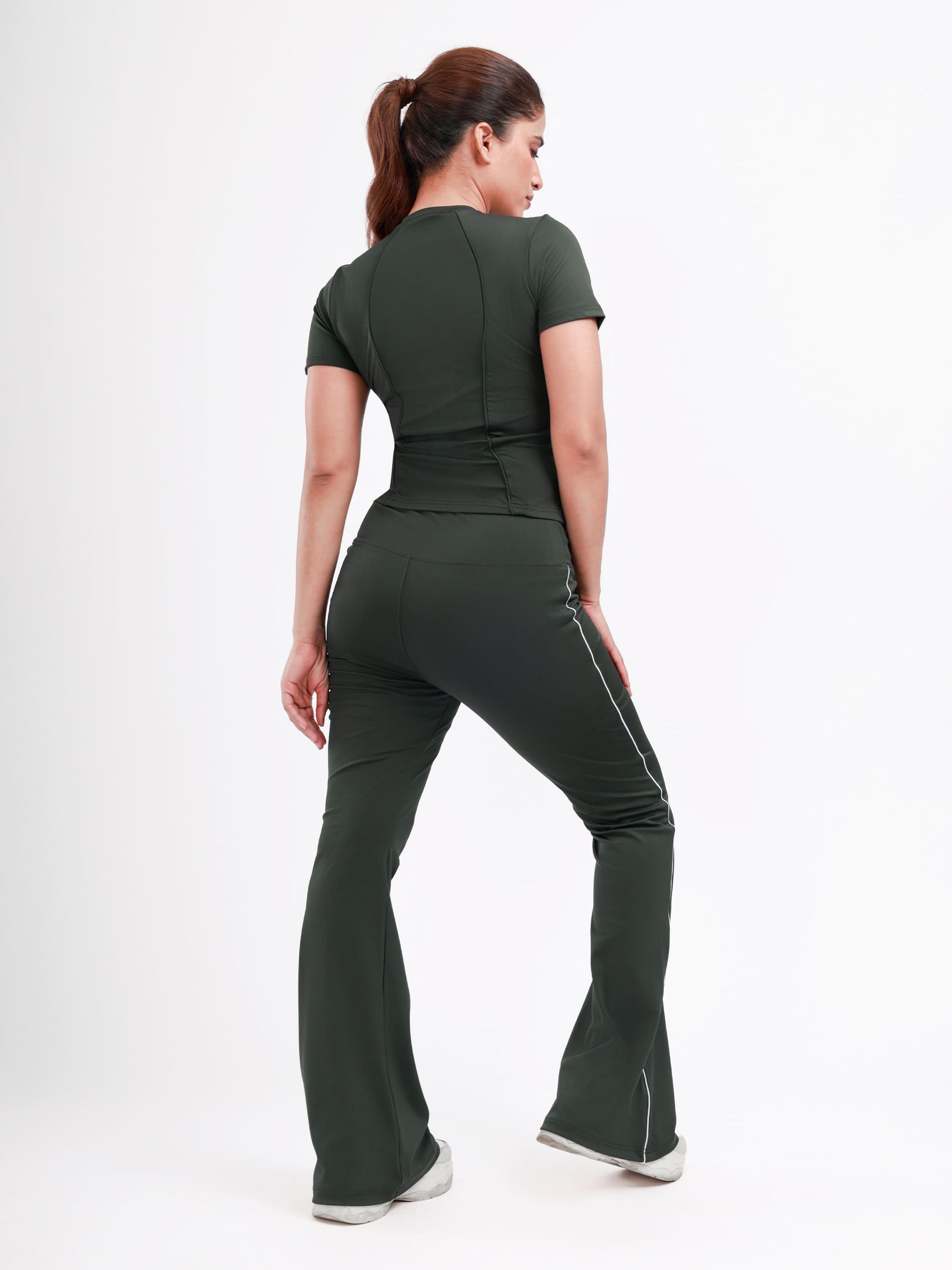 Dpassion Women’s Forest Green Flared Performance Leggings with Contrast Piping - Dpassion