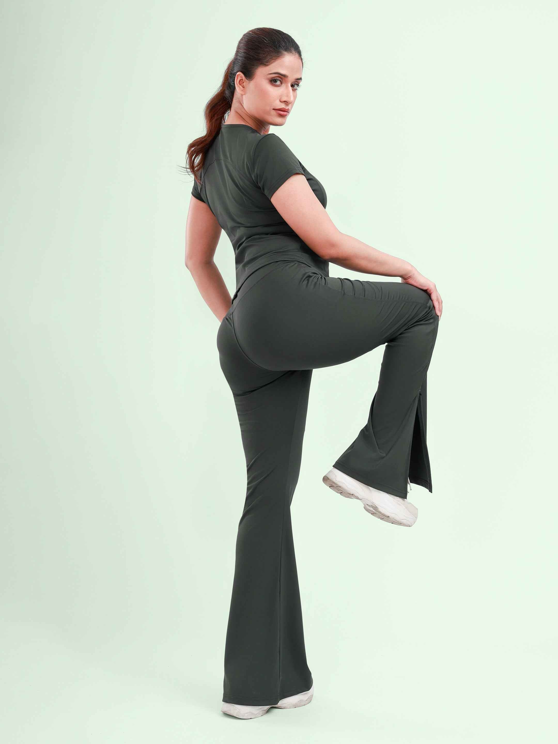 Dpassion Olive Green Cross Waist Flare Pants Sculpt Fit Activewear