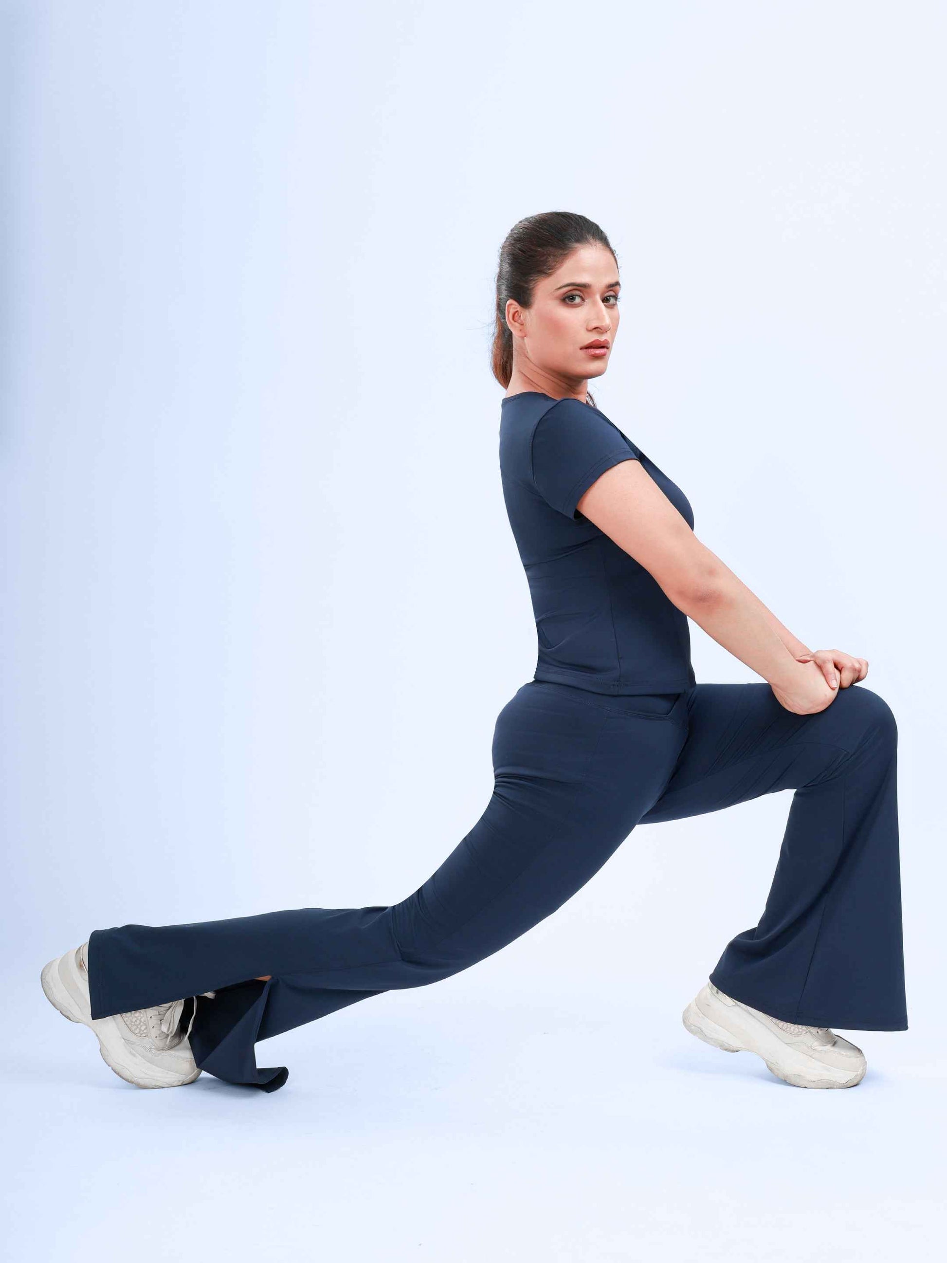 Dpassion Navy Cross Waist Flare Pants Sculpt Fit Activewear