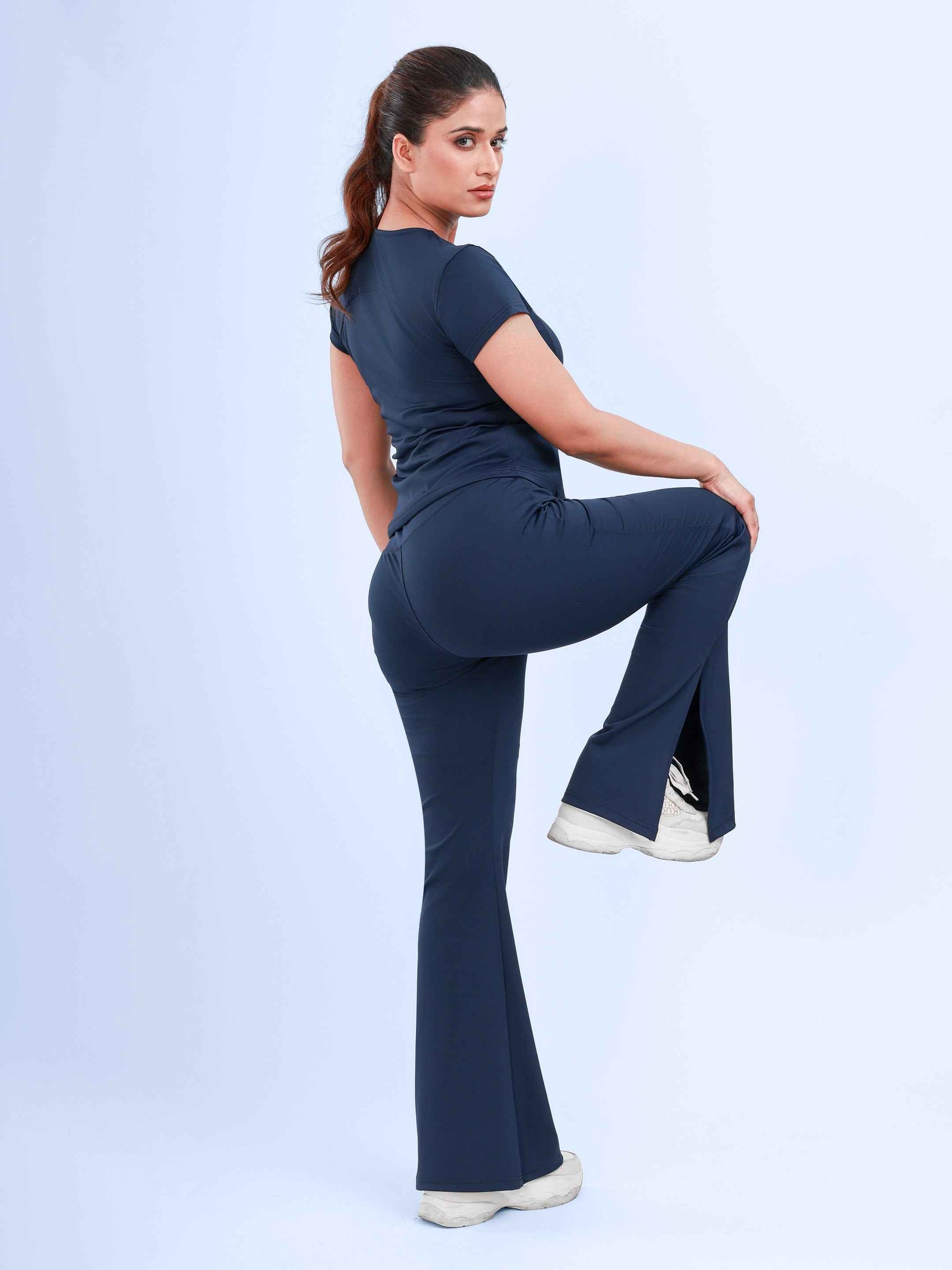 Dpassion Navy Cross Waist Flare Pants Sculpt Fit Activewear