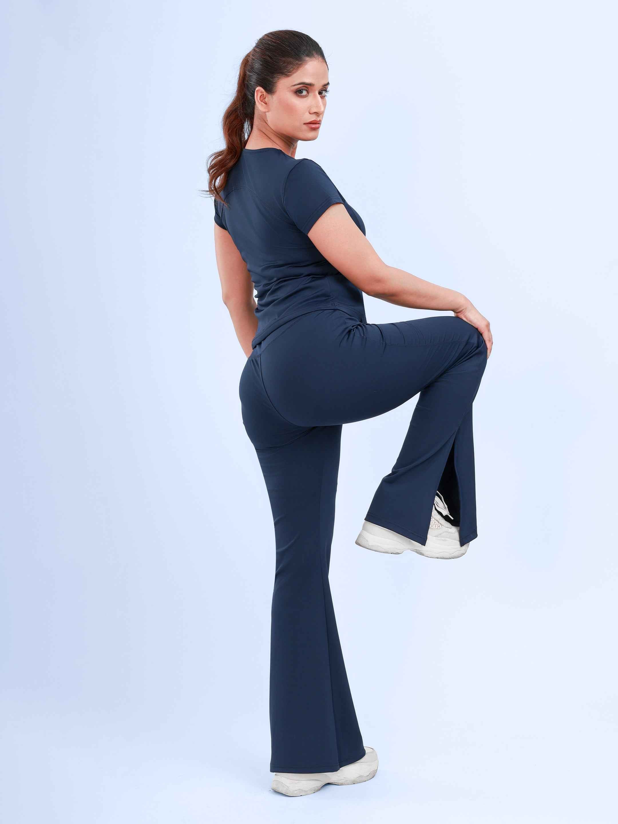 Dpassion Navy Cross Waist Flare Pants Sculpt Fit Activewear