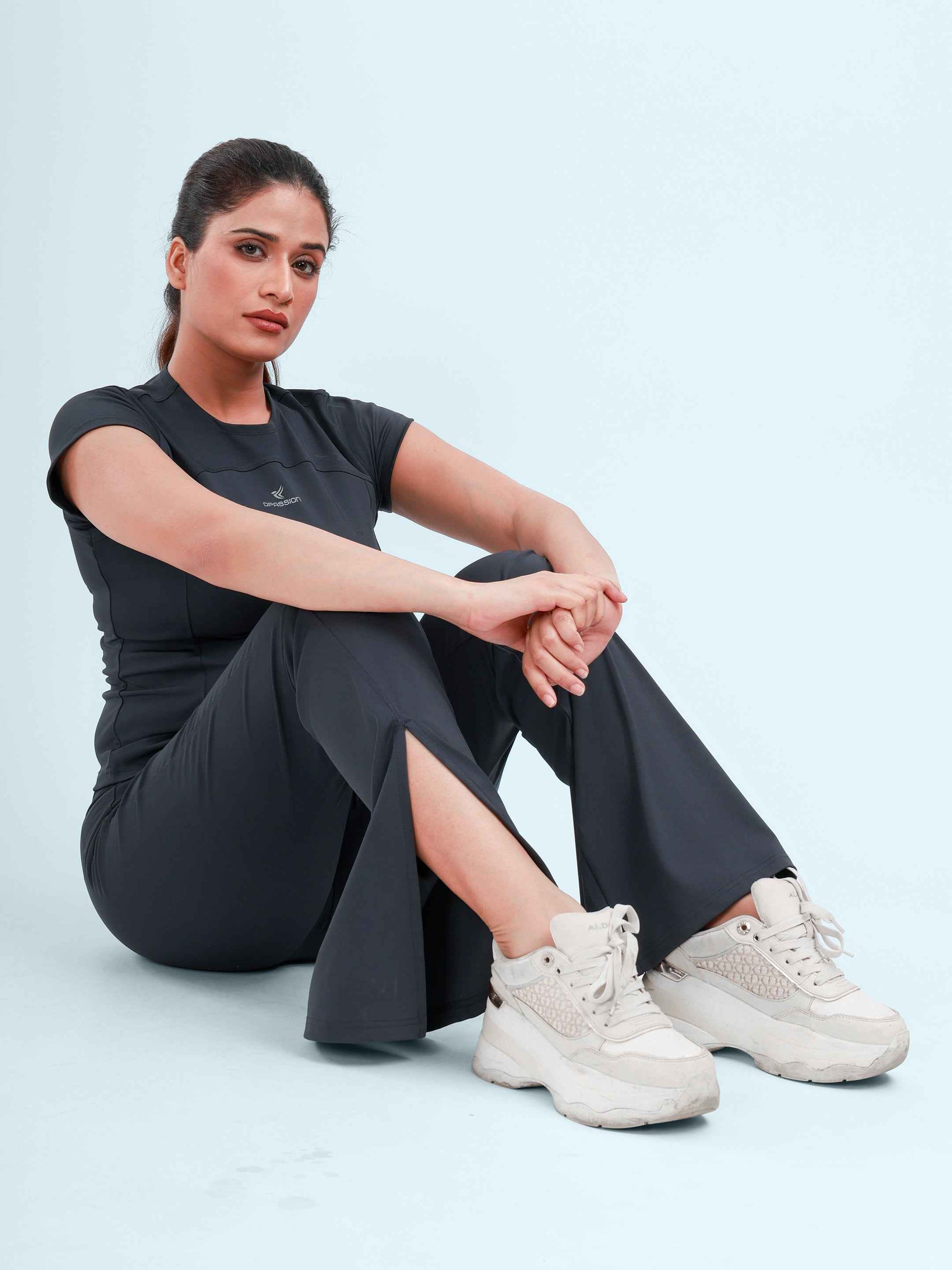 Dpassion Steel Grey Cross Waist Flare Pants Sculpt Fit Activewear