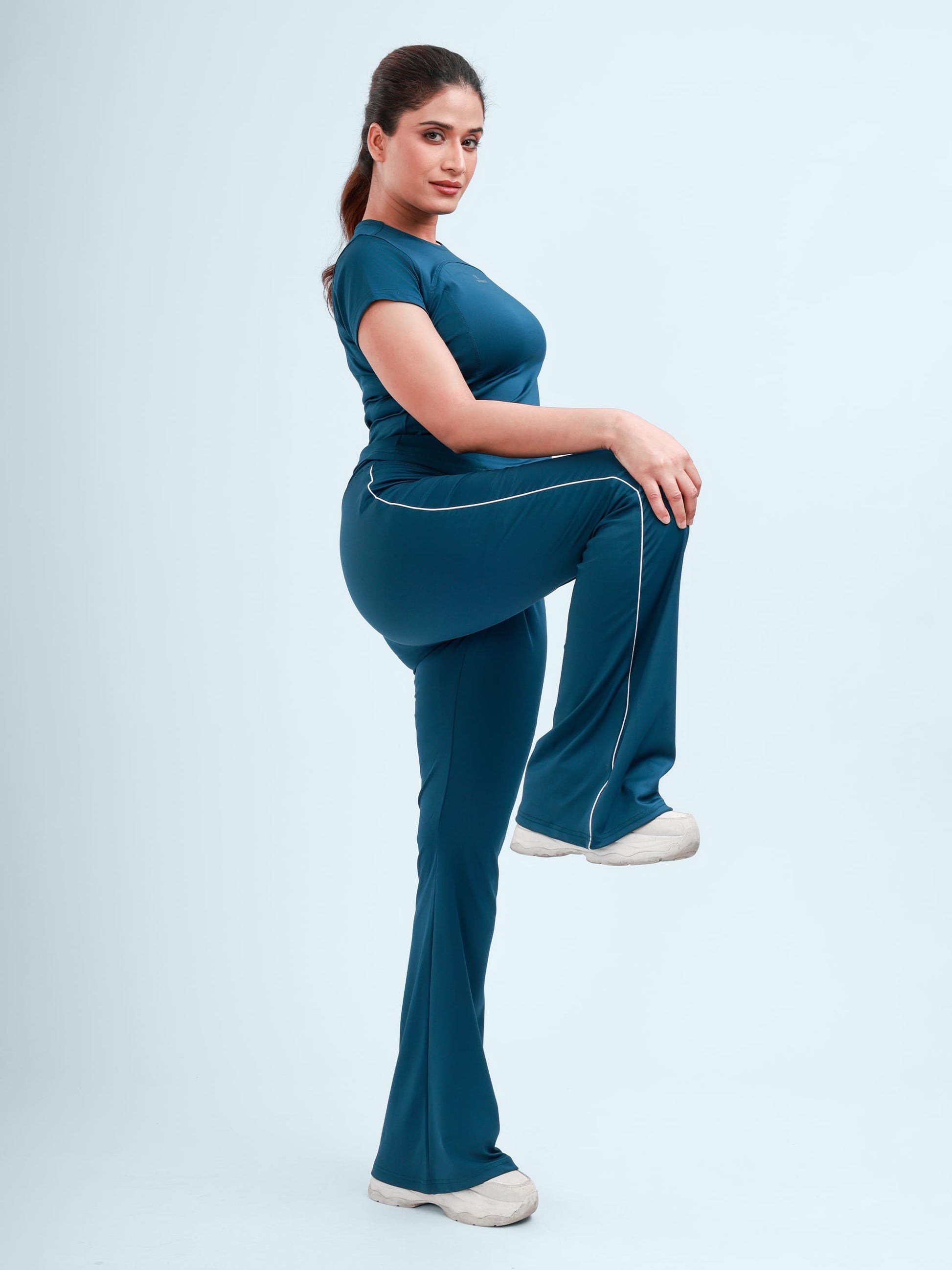 Dpassion Women’s Teal Flared Performance Leggings with Contrast Piping - Dpassion