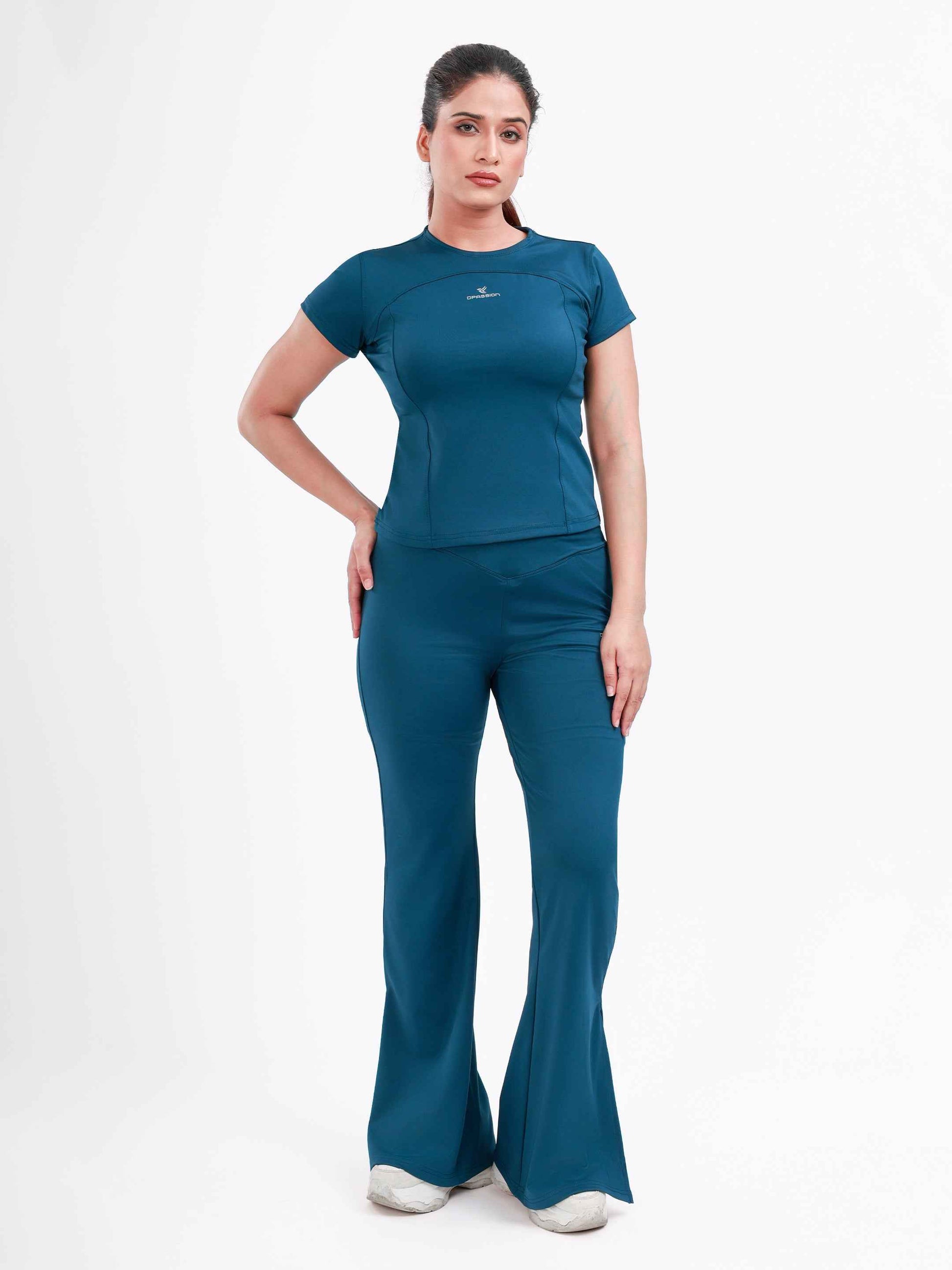 Dpassion Women SculptFit Flared Activewear Set Teal Performance Gym Wear