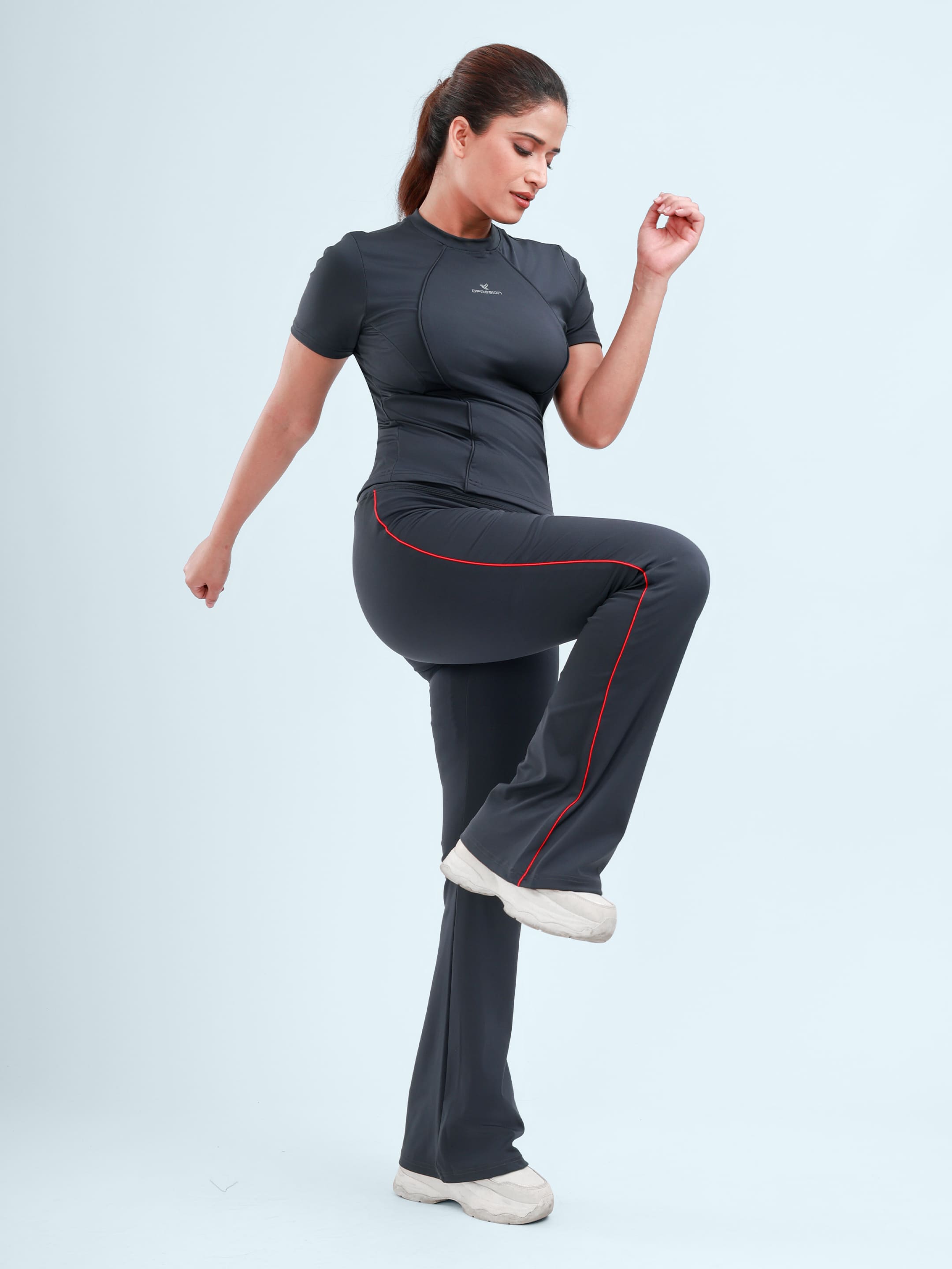 Dpassion Women’s Charcoal Grey Flared Performance Leggings with Red Piping - Dpassion