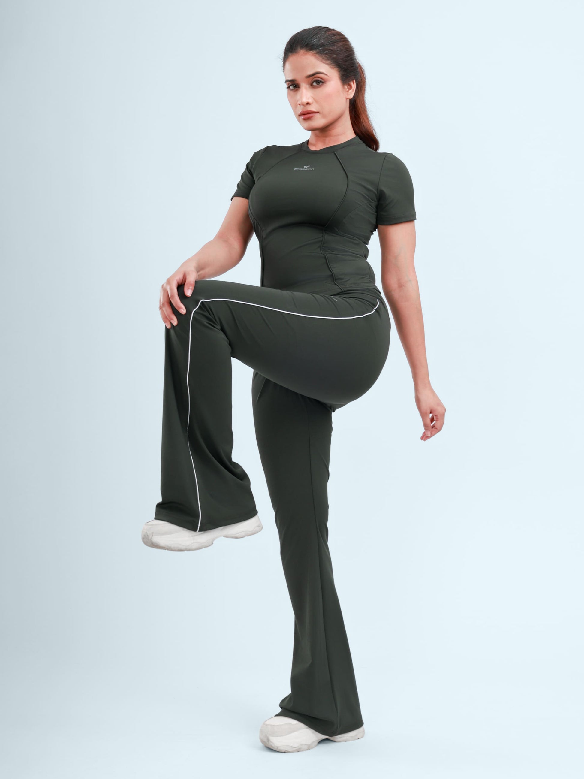 Dpassion Women’s Forest Green Flared Performance Leggings with Contrast Piping - Dpassion