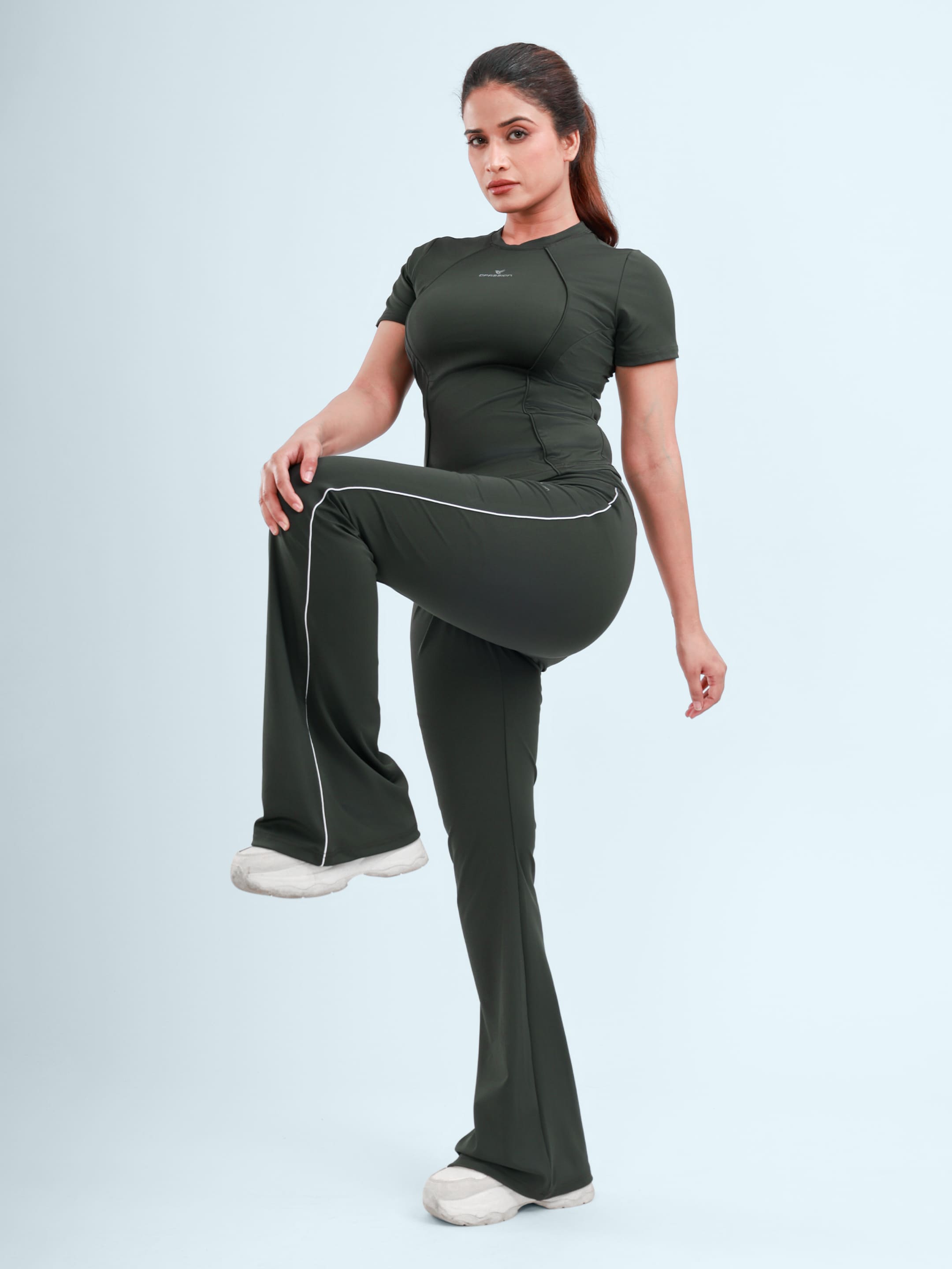 Dpassion Women’s Forest Green Flared Performance Leggings with Contrast Piping - Dpassion